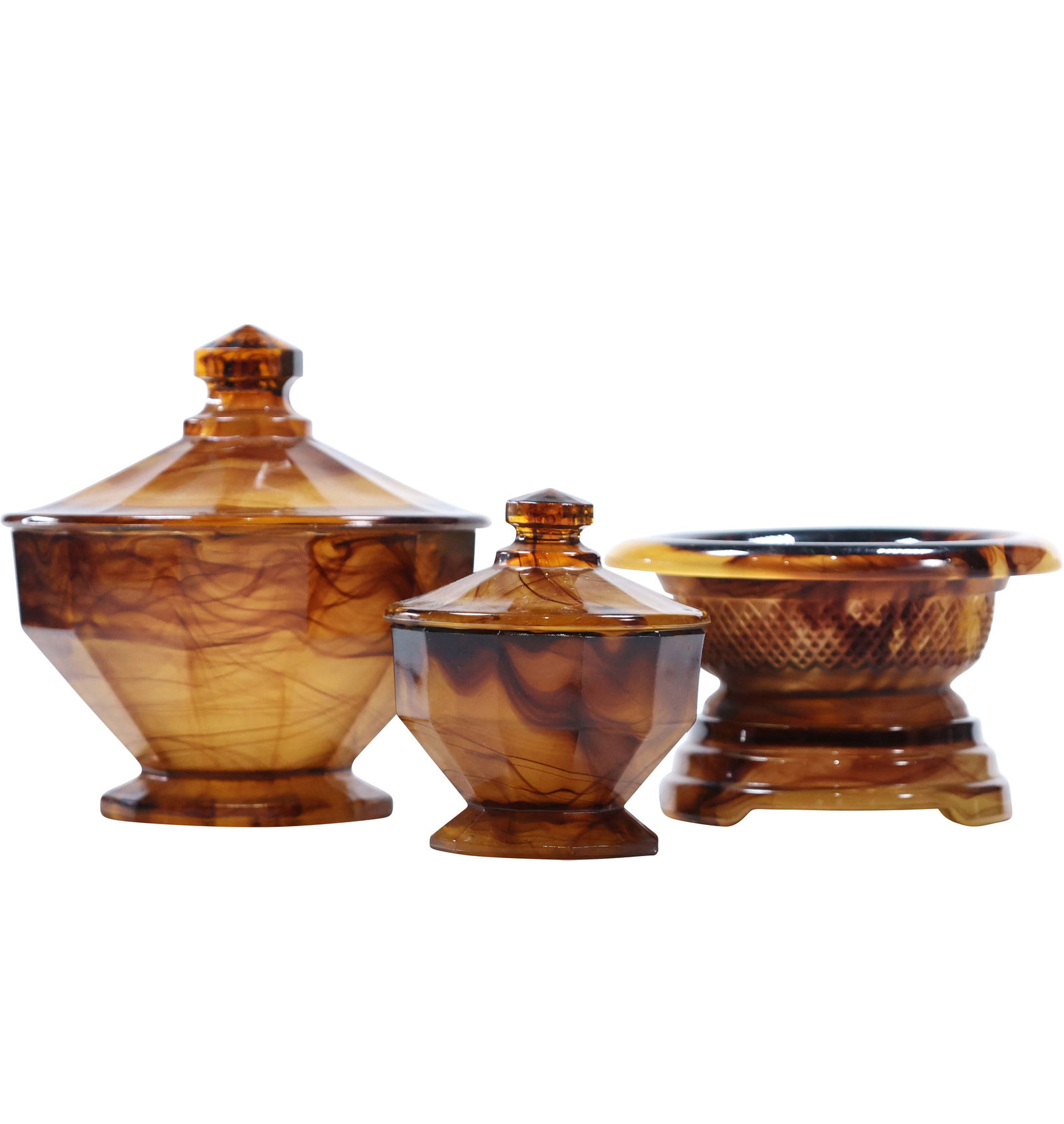 3 Pieces Assorted "Tortoise" Glass [2] Covered Dresser Jars, [1] Bowl on Base Stand (1 of 8)