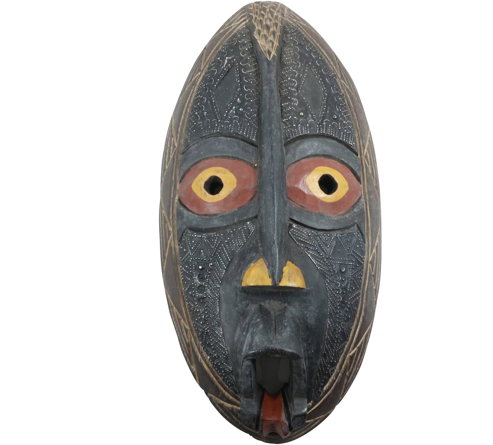 Carved Wooden African Ceremonial Mask 21 inches length x 10 in. wide: Carved Wooden African Ceremonial Mask 21 inches length x 10 in. wide. size: 21x10 shelf: D