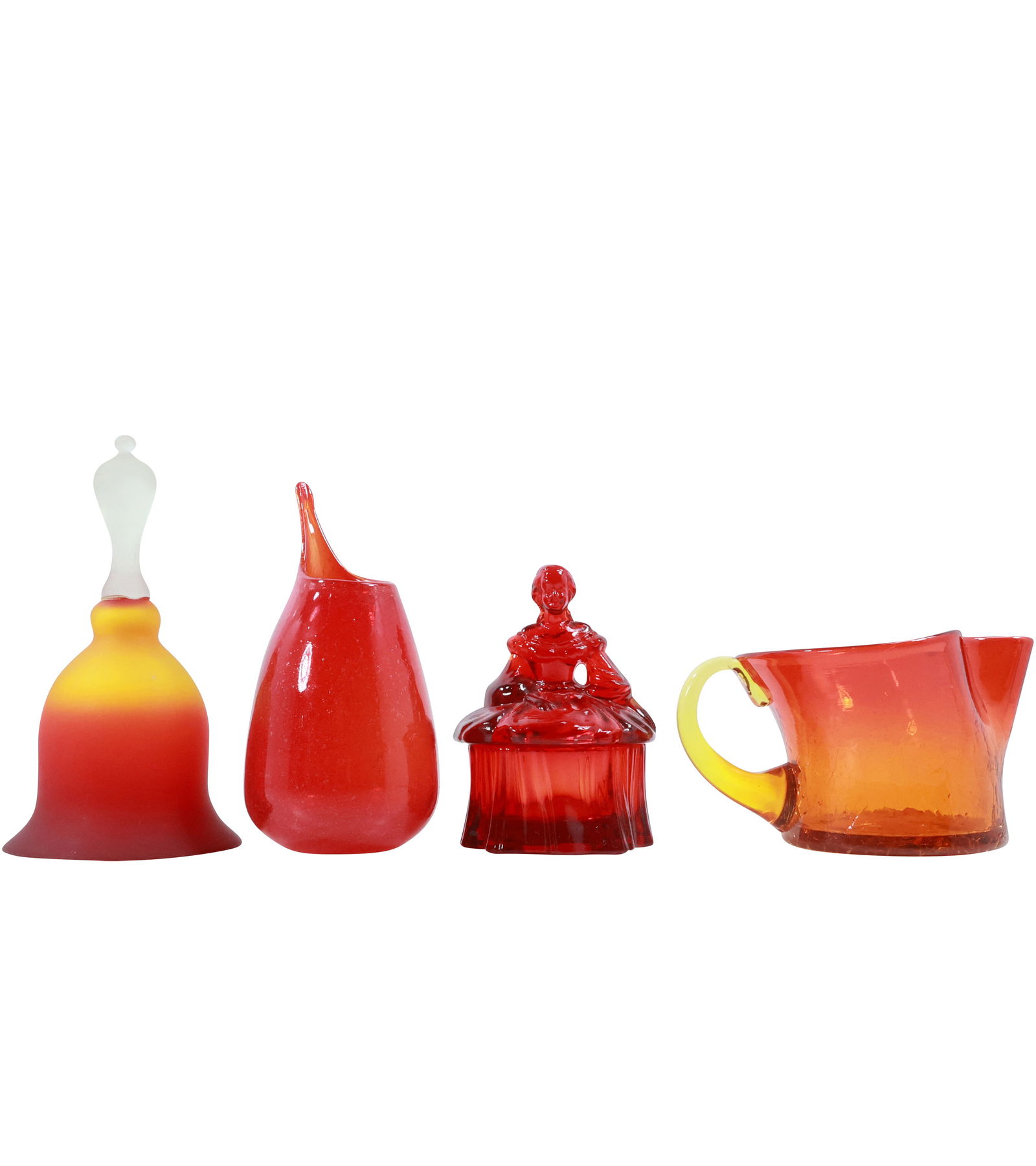 4 Assorted: Amberina Glass Pitcher; Amberina Glass Bell; Red Glass Figural Woman Dresser Box, Vase (1 of 17)