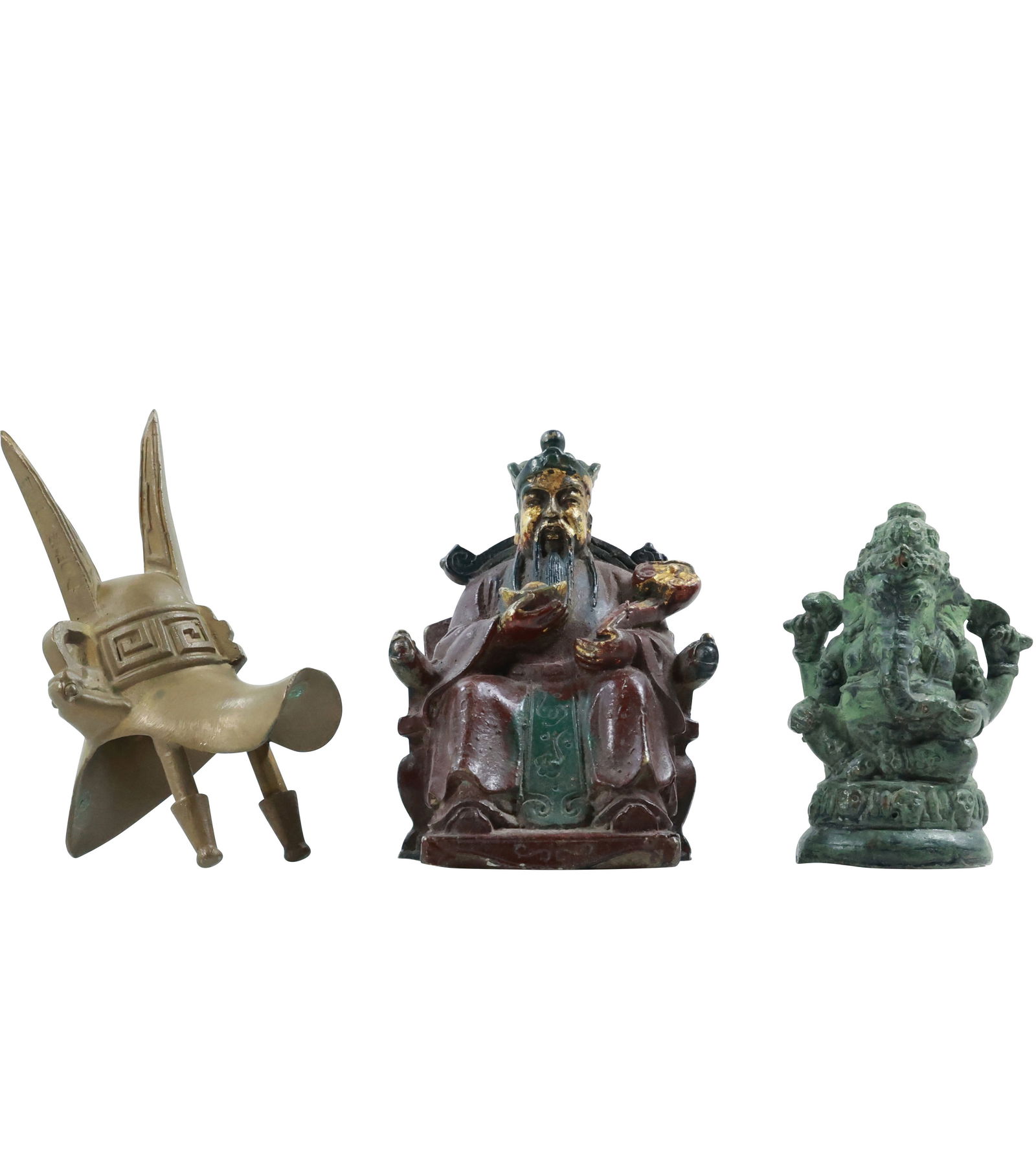 3 Assorted Asian Bronze Figures : Helmet, Oriental Man in Chair -King, Tibetan Elephant (1 of 16)