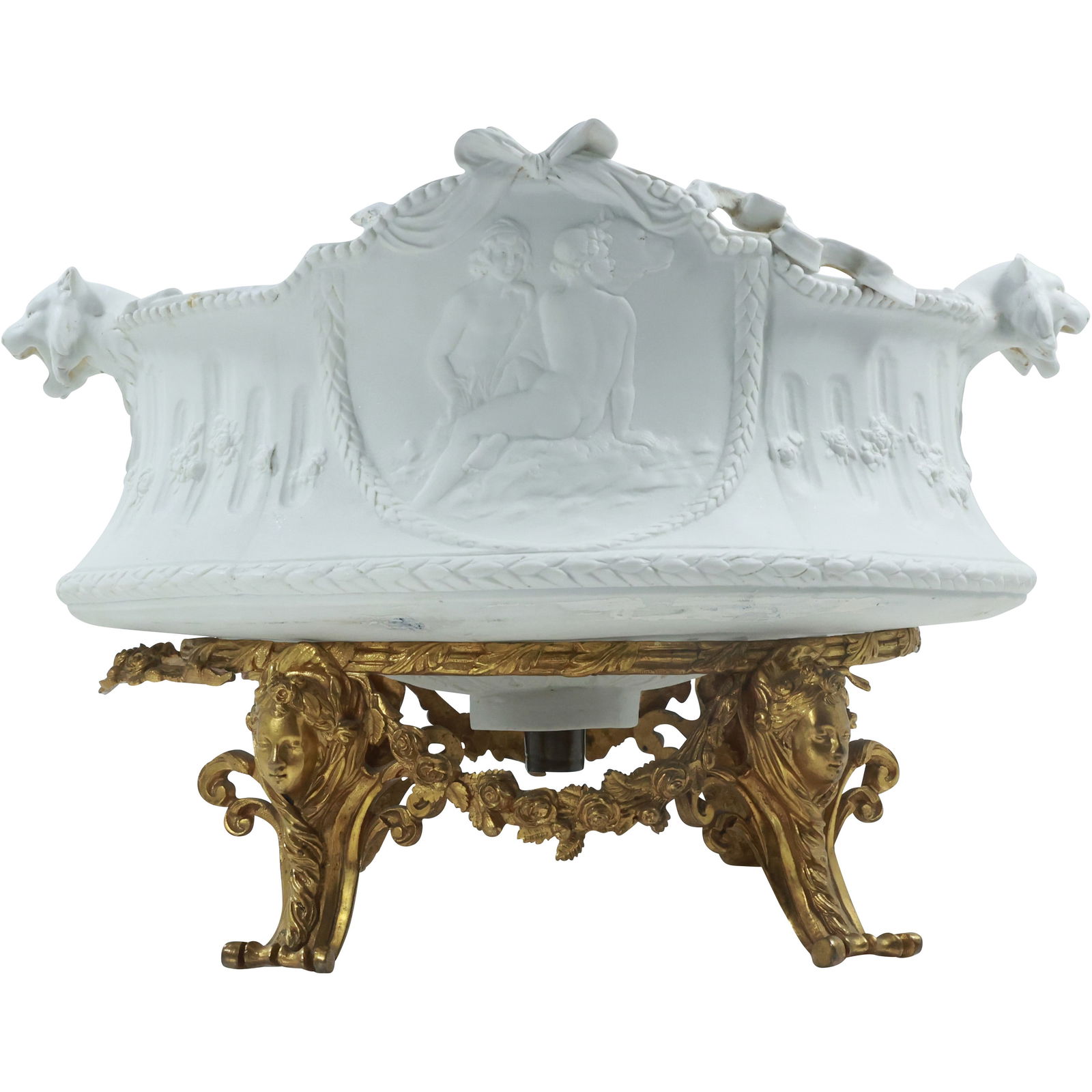 Fancy Parian Porcelain Oval Center Bowl on Cast Metal Gilt Stand 10 in. height x 15 in. length (1 of 18)