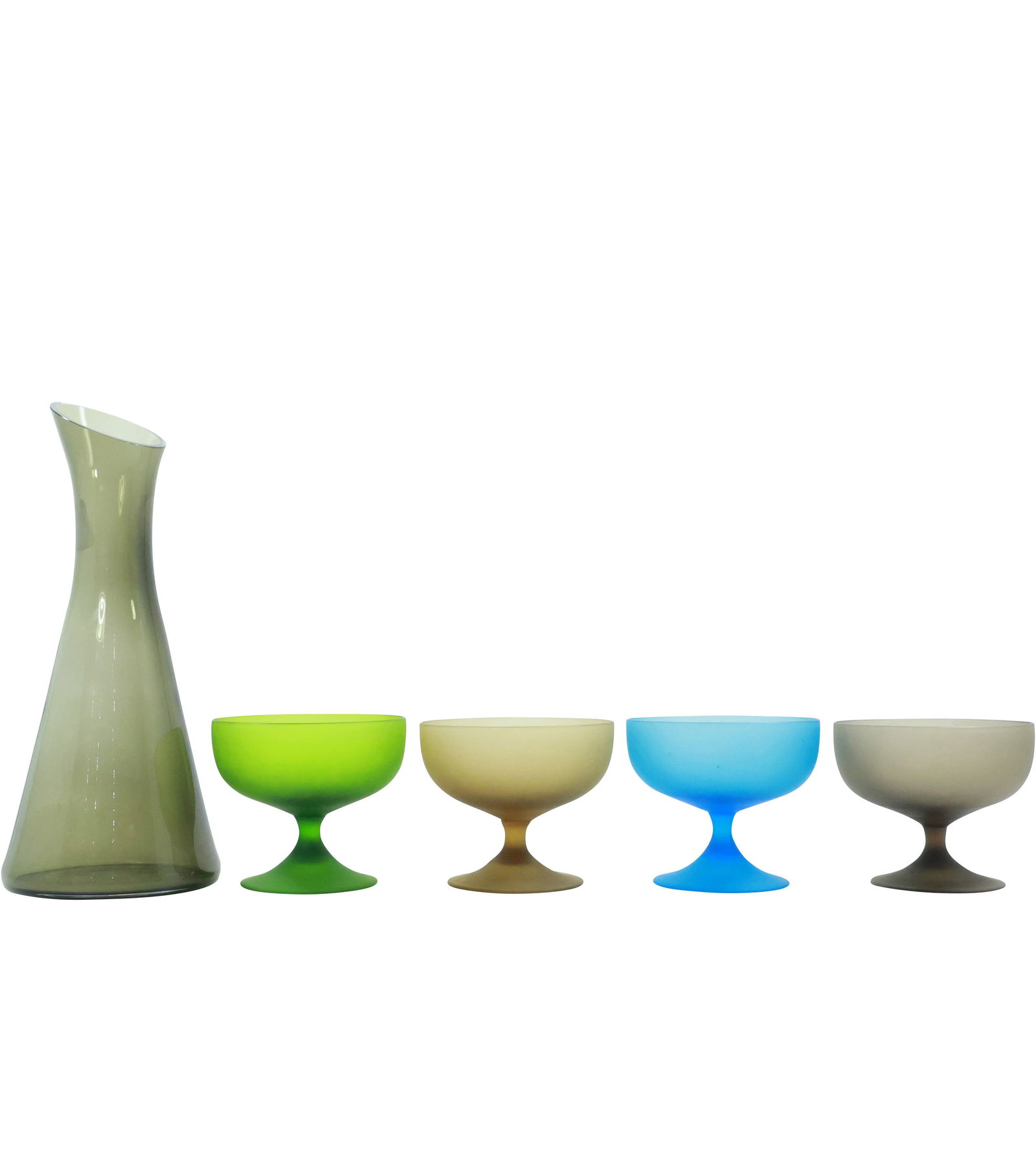 Mid-Century Modern Smoked Glass Carafe Decanter with 4 Color Glass Sherbets (1 of 13)