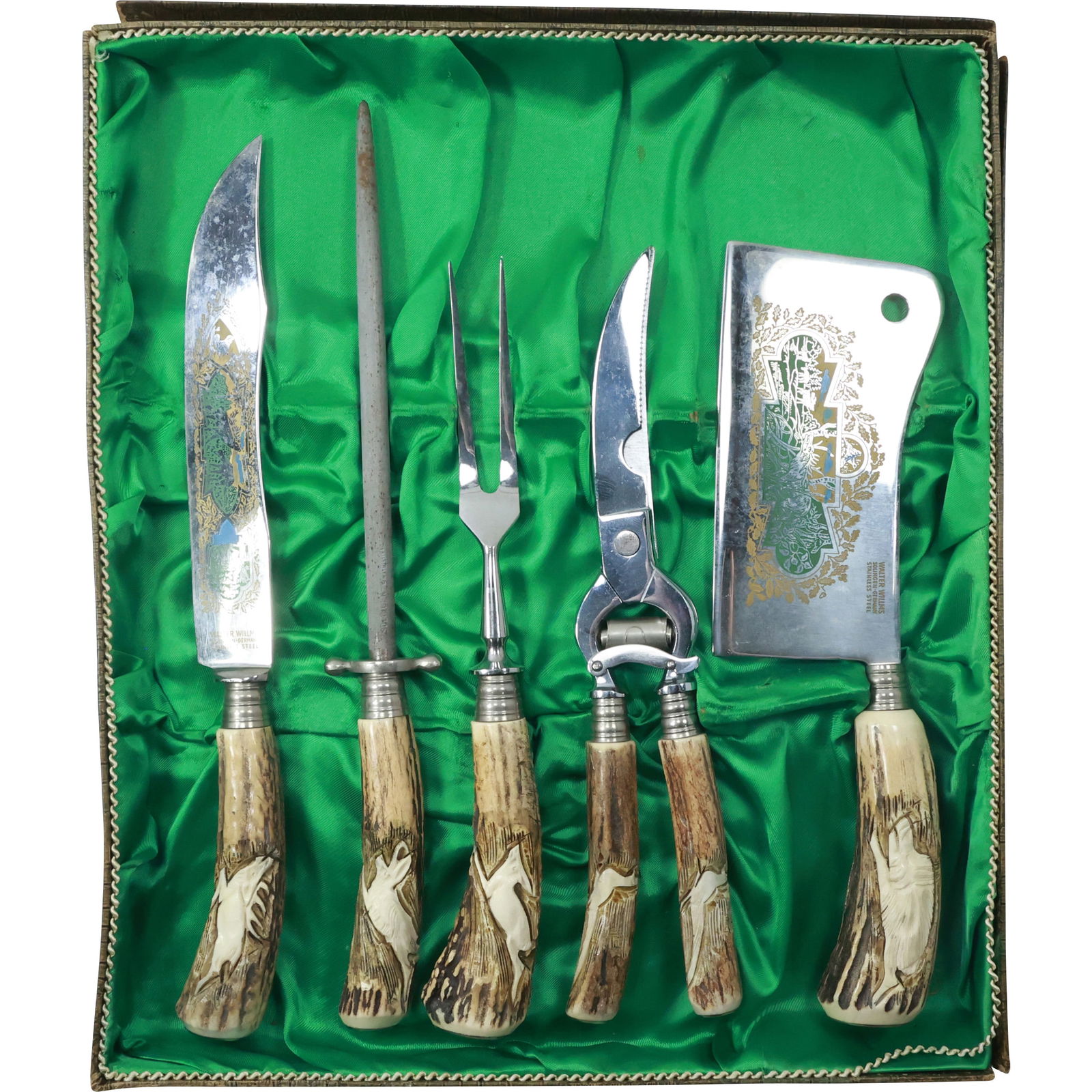 5 Piece WALTER WILLMS Carving Set with Carved Horn Handles, Solingen Germany, Engraved (1 of 15)