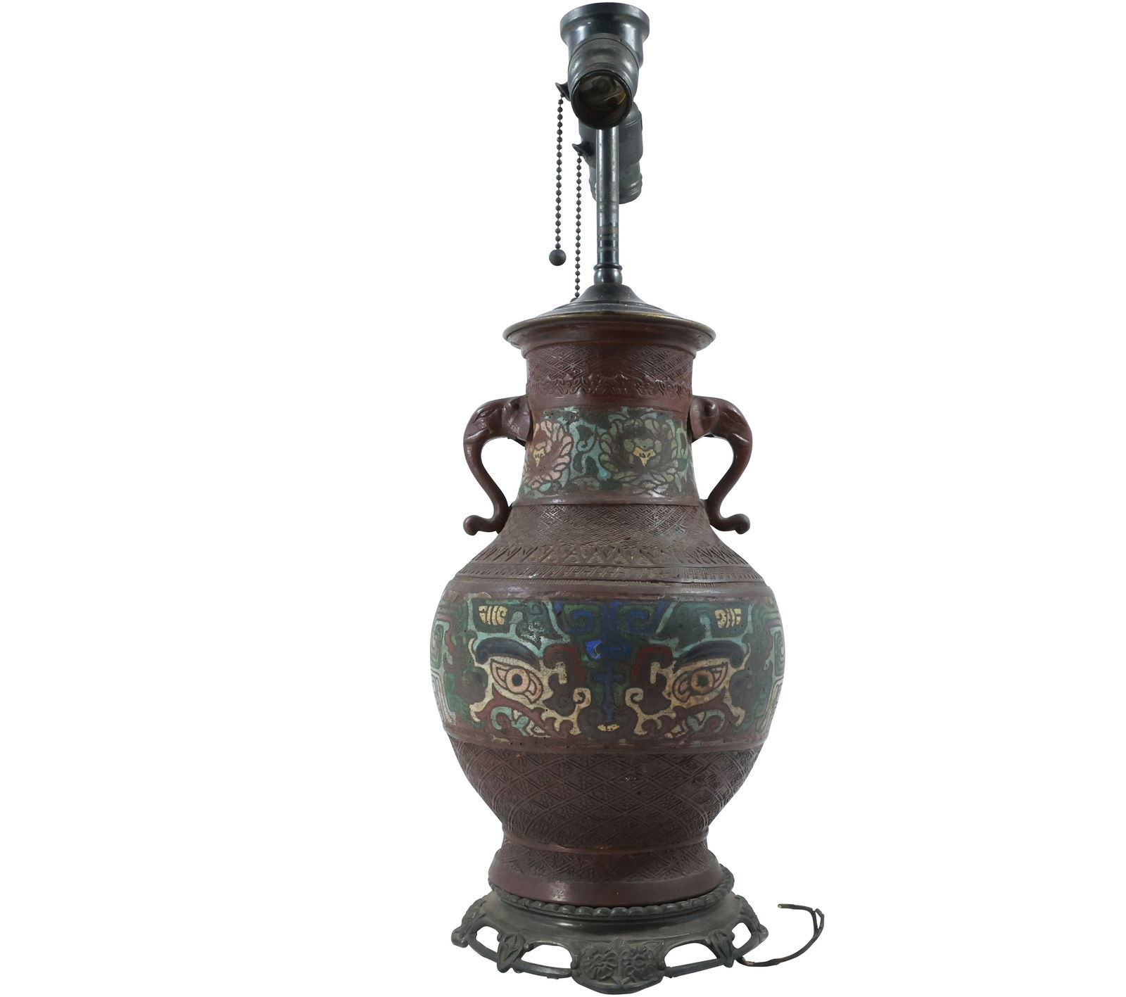 Antique Bronze Champleve Urn Table Lamp with Elephant Handles 20.5 in. overall height (1 of 15)