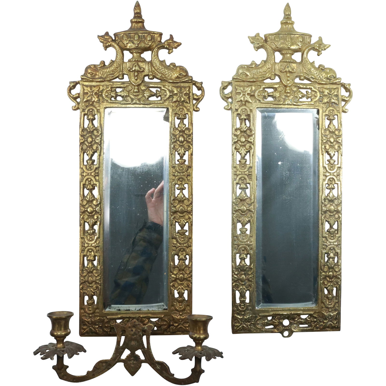 2 Victorian Fancy Cast Metal Wall Mirrors in Brass Patina, One has Candleholder, other without (1 of 16)