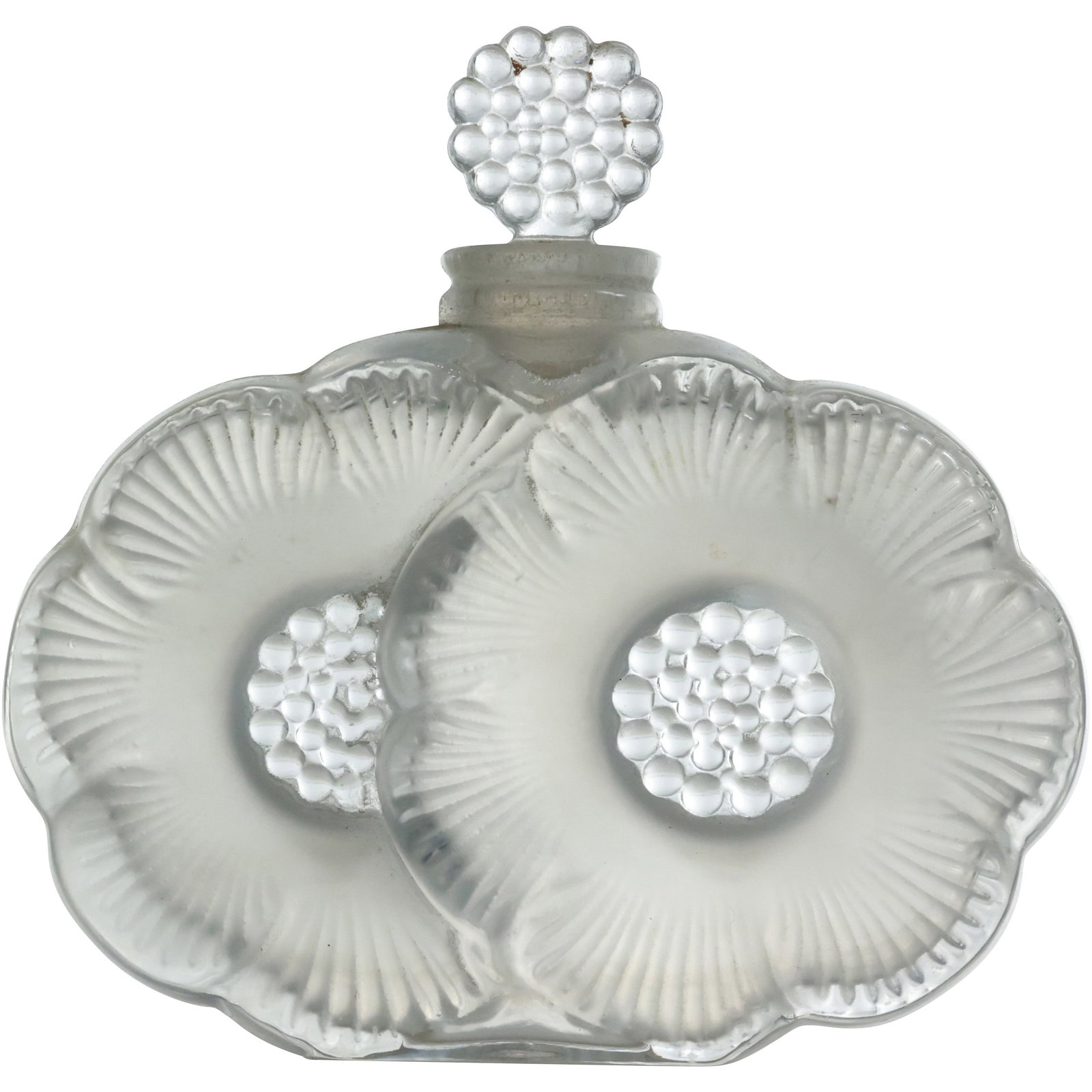 LALIQUE France, Two Flowers Perfume Bottle, 3.75 in. height x 3.75 in. wide: LALIQUE France, Two Flowers Perfume Bottle, 3.75 in. height x 3.75 in. wide. size: 3.75x3.75 shelf: B