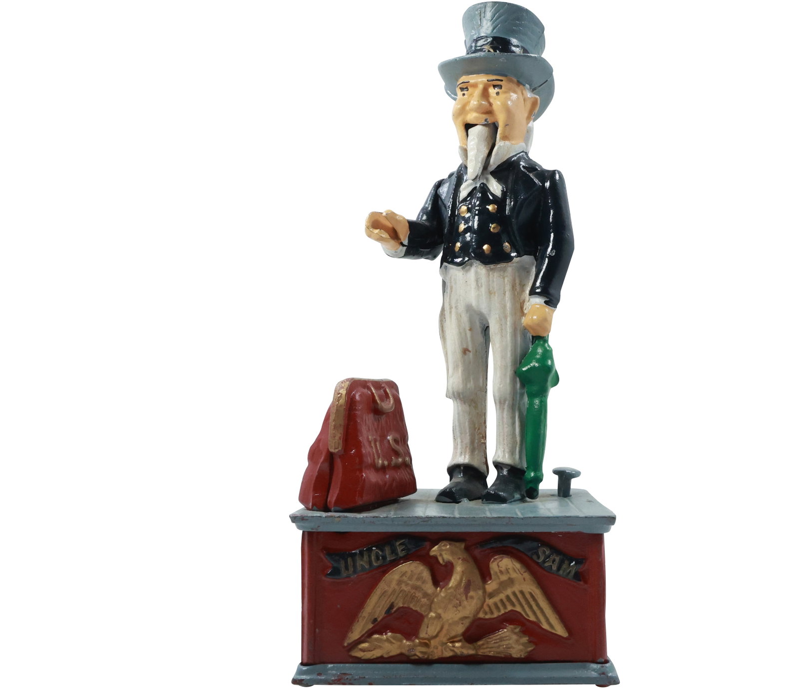 Novelty Uncle Sam Cast Iron Mechanical Coin Bank in Original Paint 11 in. height: Novelty Uncle Sam Cast Iron Mechanical Coin Bank in Original Paint 11 in. height. size: 11x4.75 shelf: D