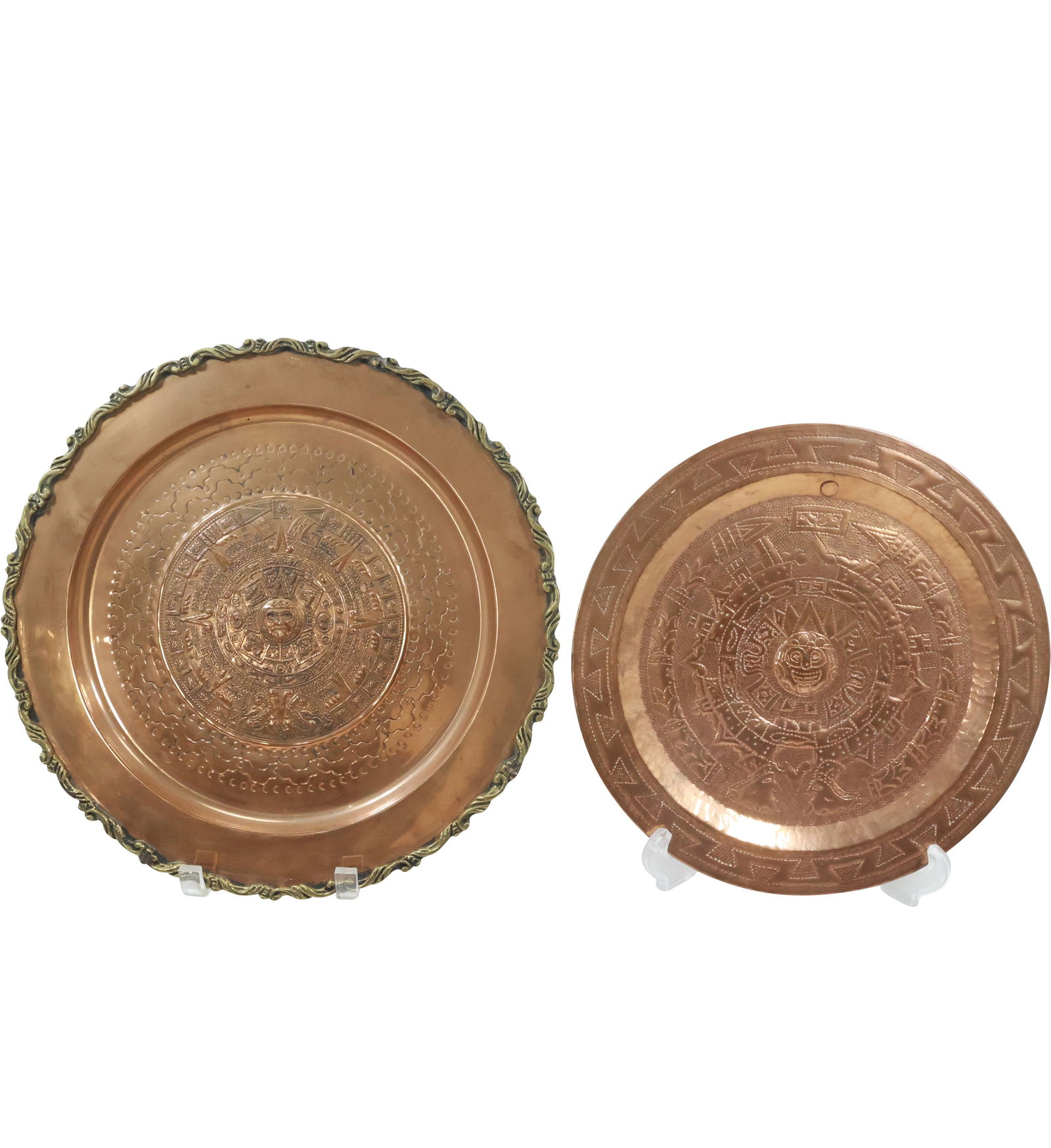 2 Copper Wall Mount Chargers Aztec Calendar in Relief 13.75 in. & 11.75 in. diameter (1 of 16)