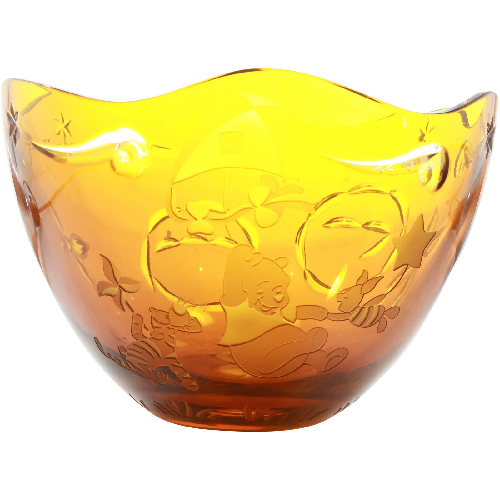LENOX - DISNEY Winnie The Pooh Etched Amber Glass Bowl, Signed and with Label: LENOX - DISNEY Winnie The Pooh Etched Amber Glass Bowl, Signed and with Label. size: 6 in. x 8.75 in. shelf: A