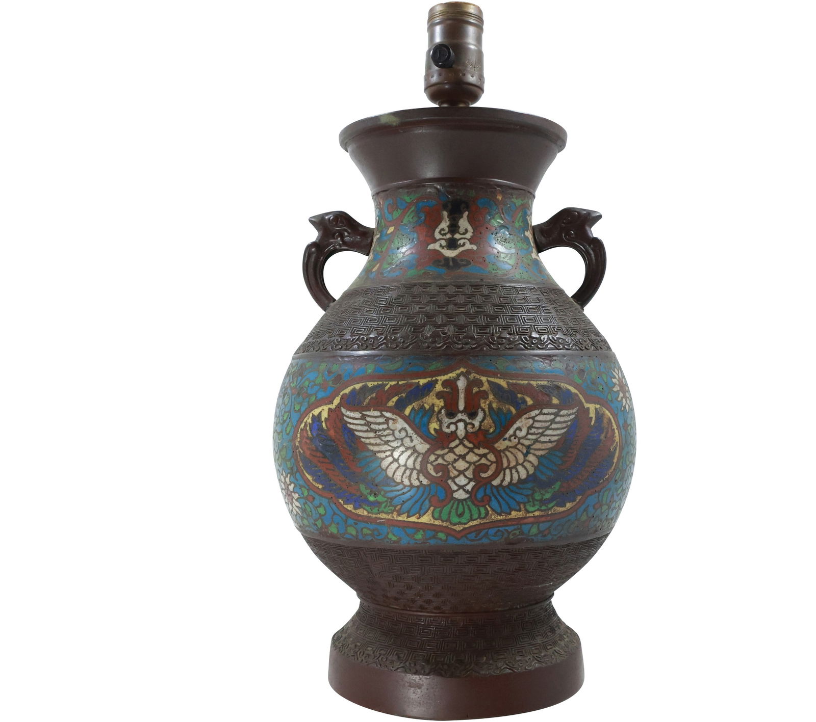 19th C. Japanese Bronze Champleve Urn Table Lamp with Winged Bird 15 in. overall height (1 of 12)