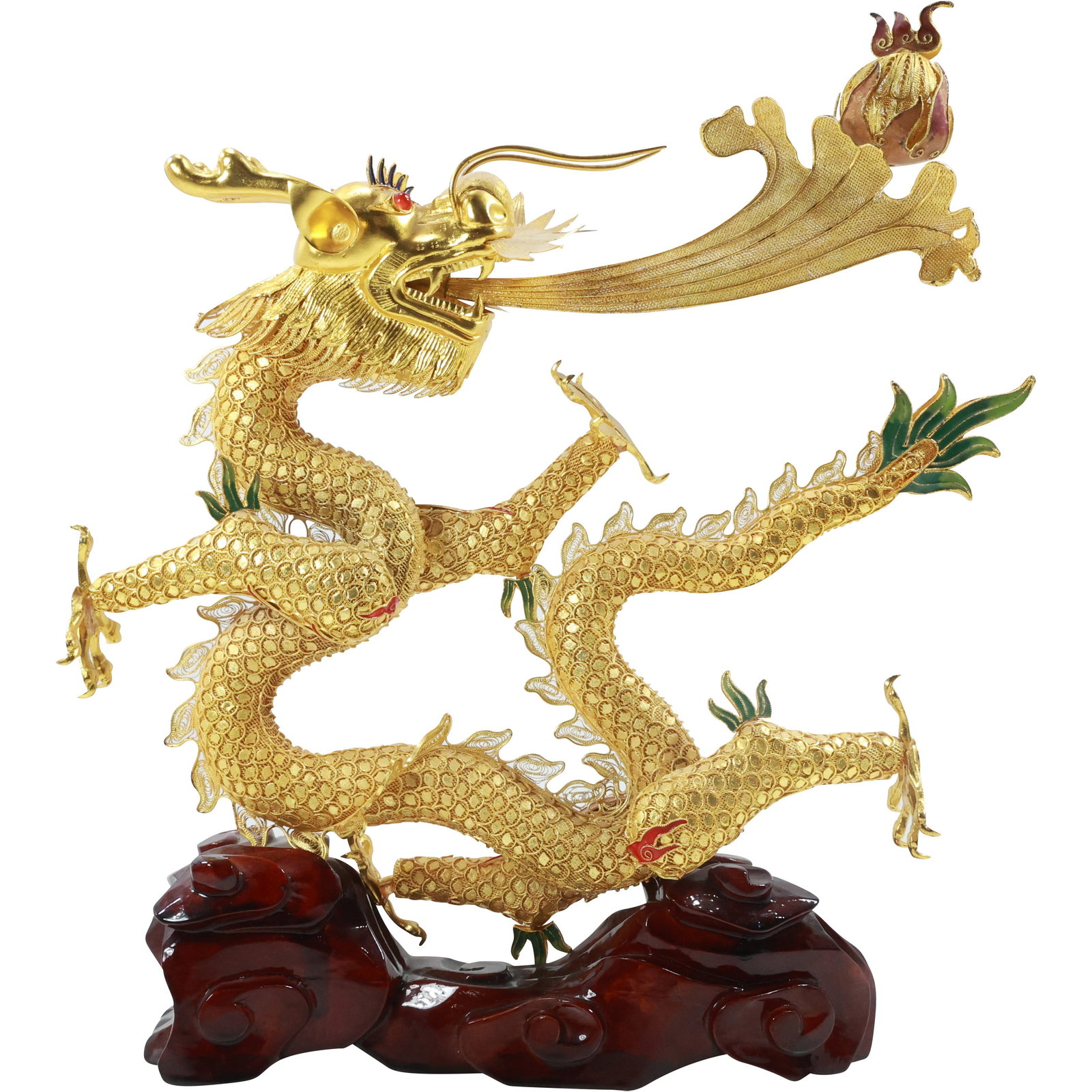 Chinese Buddhist Dragon Figure Sculpture Gold Dore Finish on Silver Mounted on Teak Base: Chinese Buddhist Dragon Figure Sculpture Gold Dore Finish on Silver Mounted on Teak Base. size: 13.75 in. height x 12 in. shelf: E