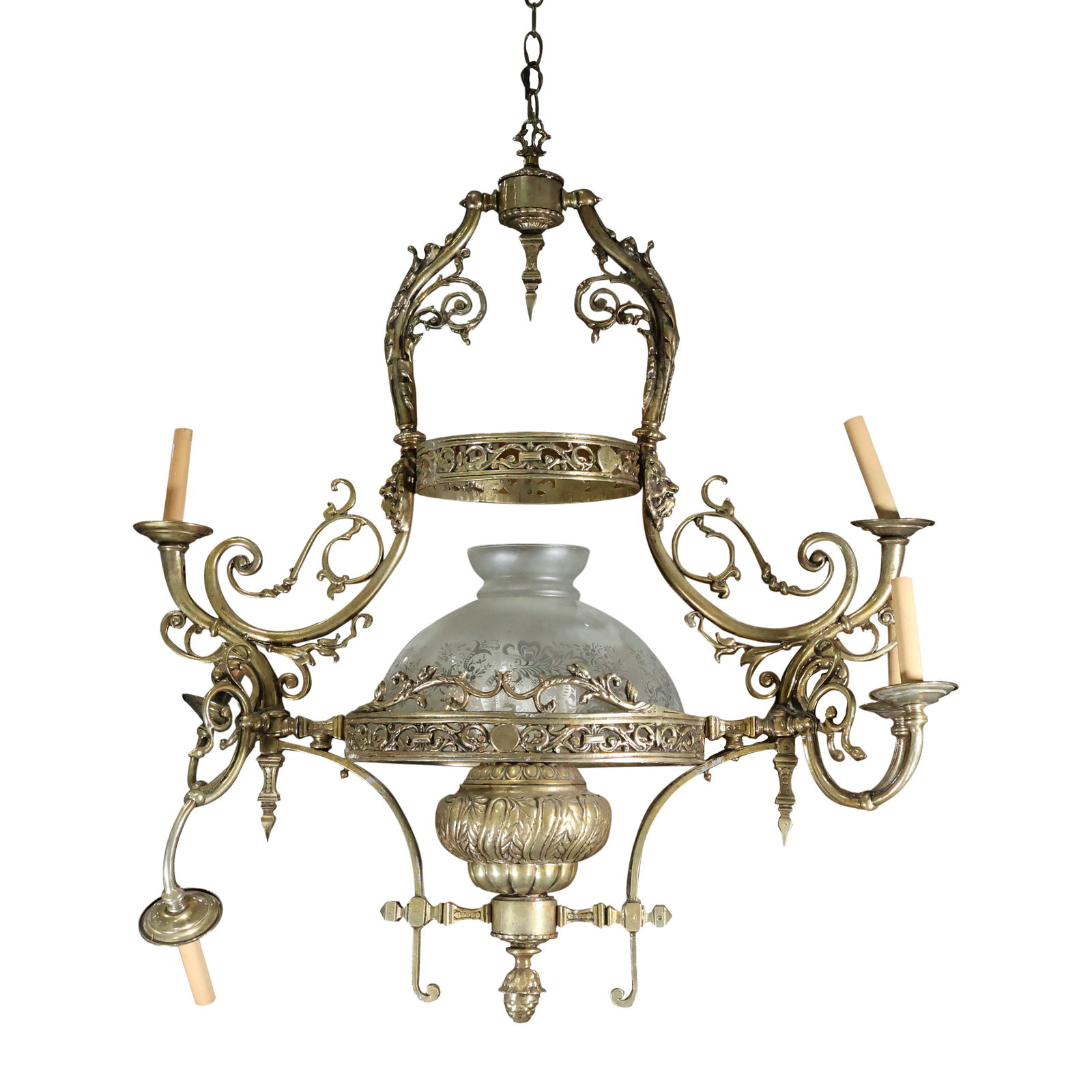 Large Brass 6-Arm Chandelier with Etched Satin Glass Shade 39 in. x 35 in. diameter (1 of 15)