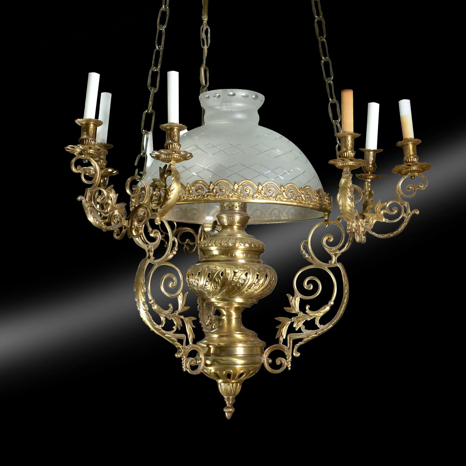 Vintage Quality Cast Brass 9-Light Handing Chandelier with Center Glass Shade 26.5 diameter (1 of 19)