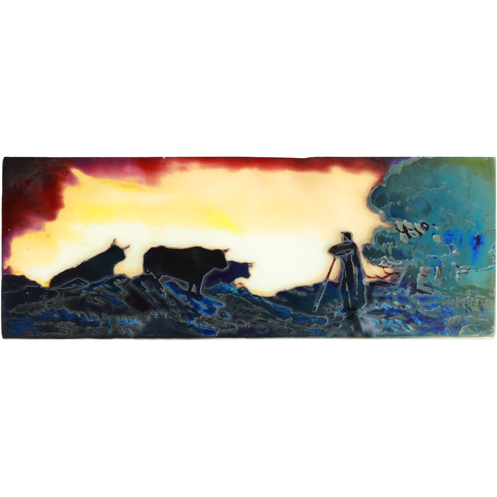Muller Fres, Signed High Quality Art Glass Scenic Panel with Steer Herder, 8.5 in. x 3 in. (1 of 16)