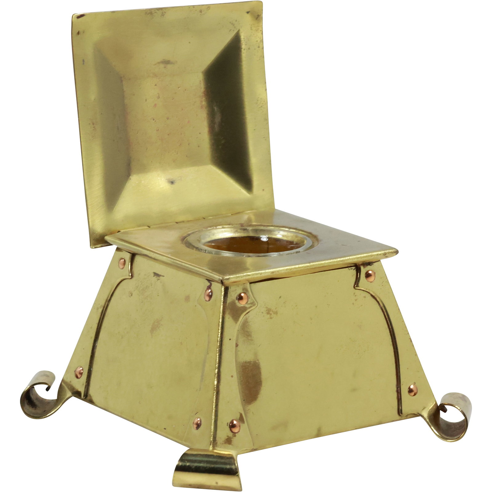 Buffalo Art Crafts Shop/ Heintz Art Metal Inkwell 4-Sided Brass Trapezoid with Curled Feet: circa 1910 Buffalo Art Crafts Shop/ Heintz Art Metal Inkwell. Arts & Crafts Shop in Buffalo, owned by Otto Heinz (called the Heinz Art Metal Shop in 1906) Brass 4-sided trapezoid fastened at edges by 