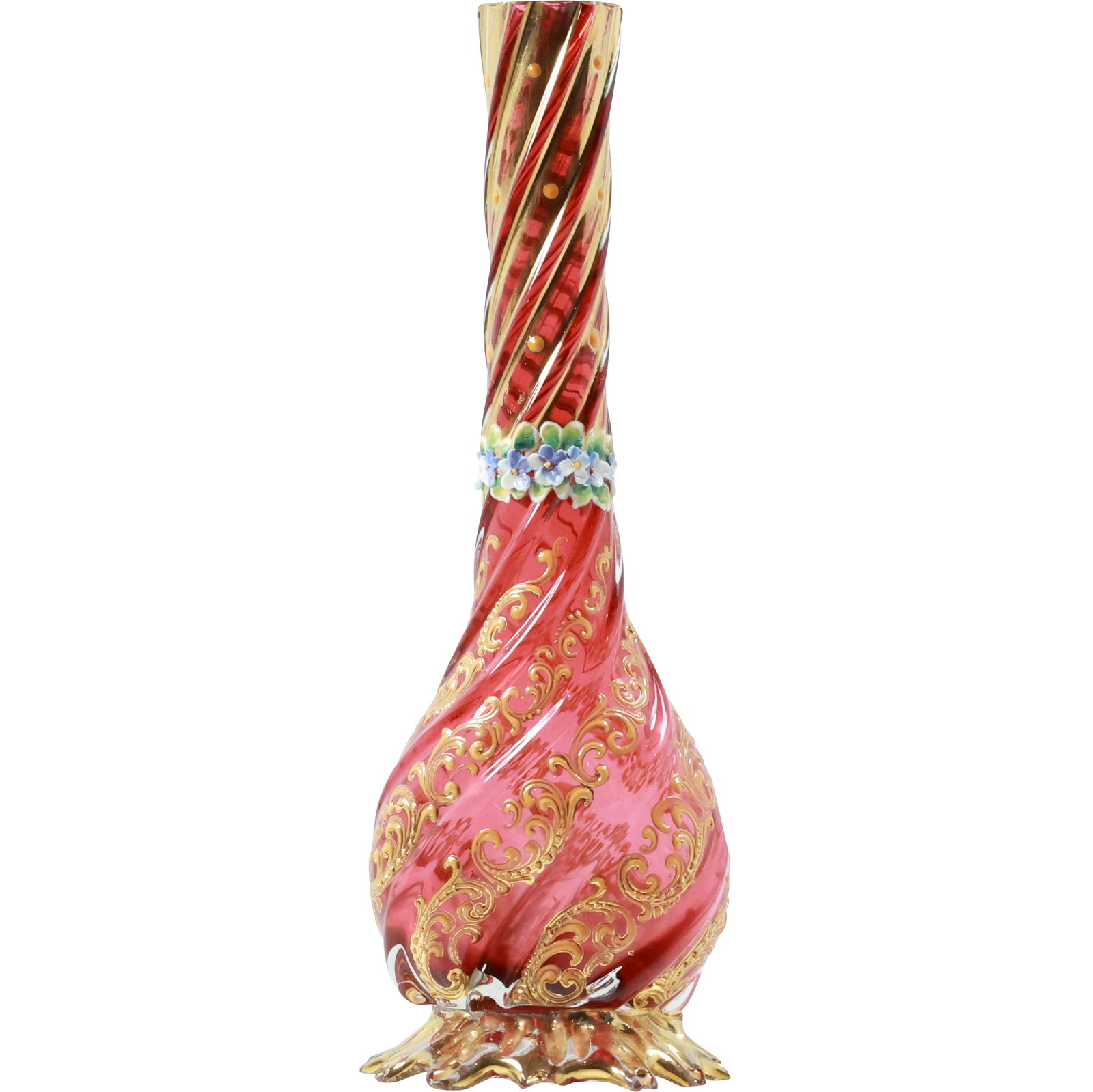Quality 19th C. MOSER Cranberry Glass Vase with Enamel Decoration, Applied Flowers 8.5 in. height (1 of 16)