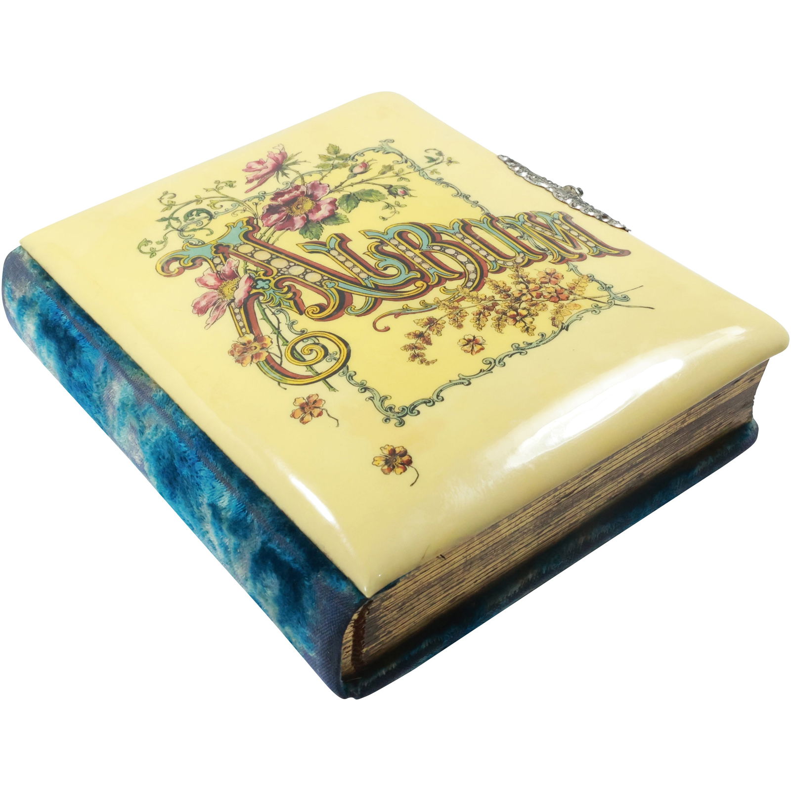 Antique Victorian Photograph Album with Celluloid Cove, Blue Velvet Fabric Binding: Antique Victorian Photograph Album with Celluloid Cove, Blue Velvet Fabric Binding. size: 8.75 in. x 10.5 in. x 2.75 in. shelf: A