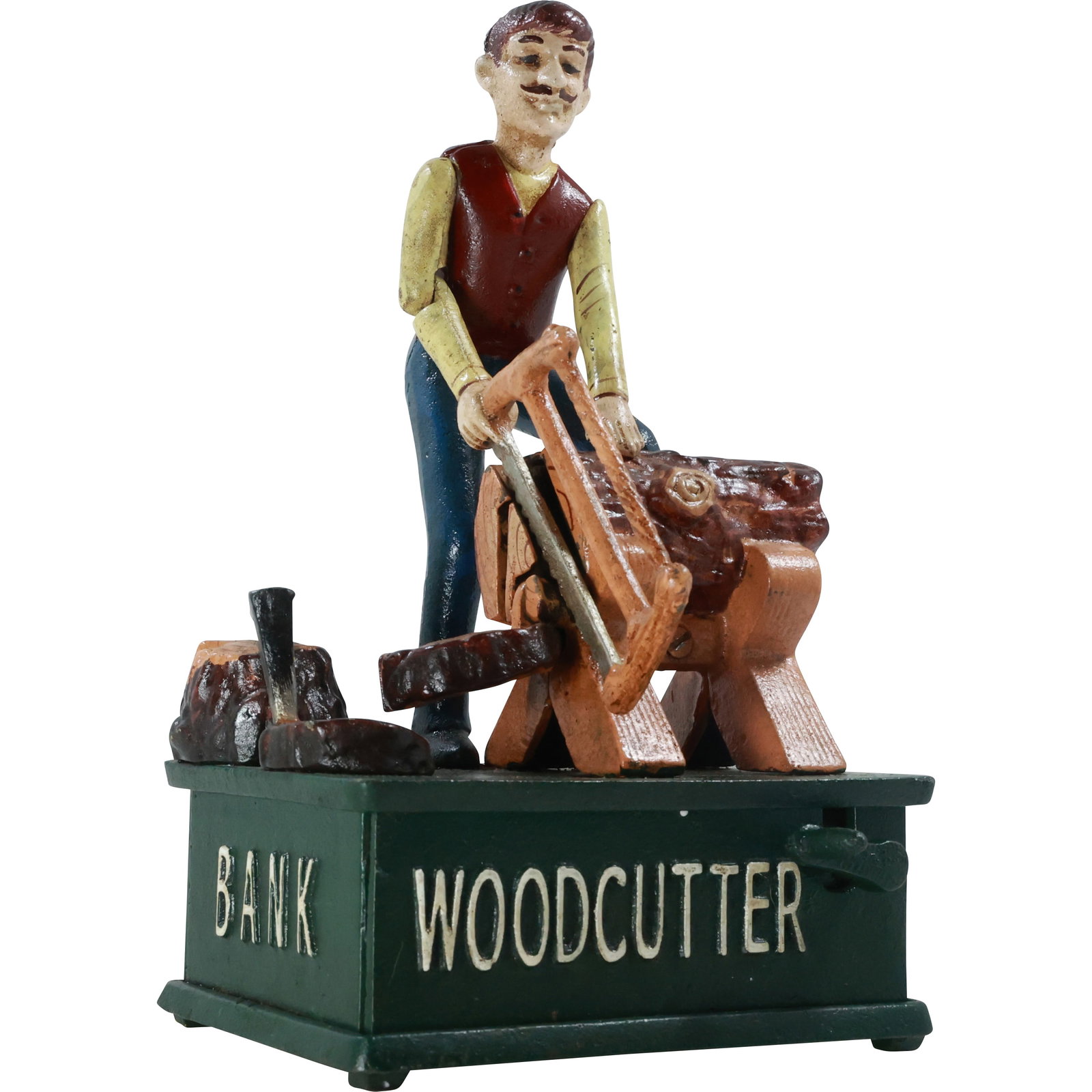 Novelty Cast Iron "Woodcutter" Mechanical Coin Bank in Original Paint Finish: Novelty Cast Iron "Woodcutter" Mechanical Coin Bank in Original Paint Finish. size: 9.75 in. x 5.5 in. shelf:
