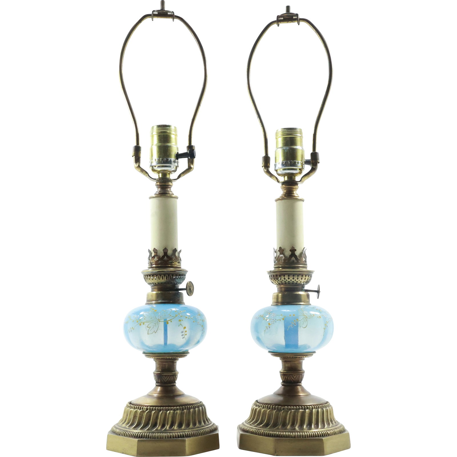 Pair 19th C. Electrified Oil Lamps Blue Opaque Moser Glass Fonts with Enamel Decoration 20 in.: Pair 19th C. Electrified Oil Lamps Blue Opaque Moser Glass Fonts with Enamel Decoration 20 in. overall height. size: 20 in. x 4.5 in. shelf: D