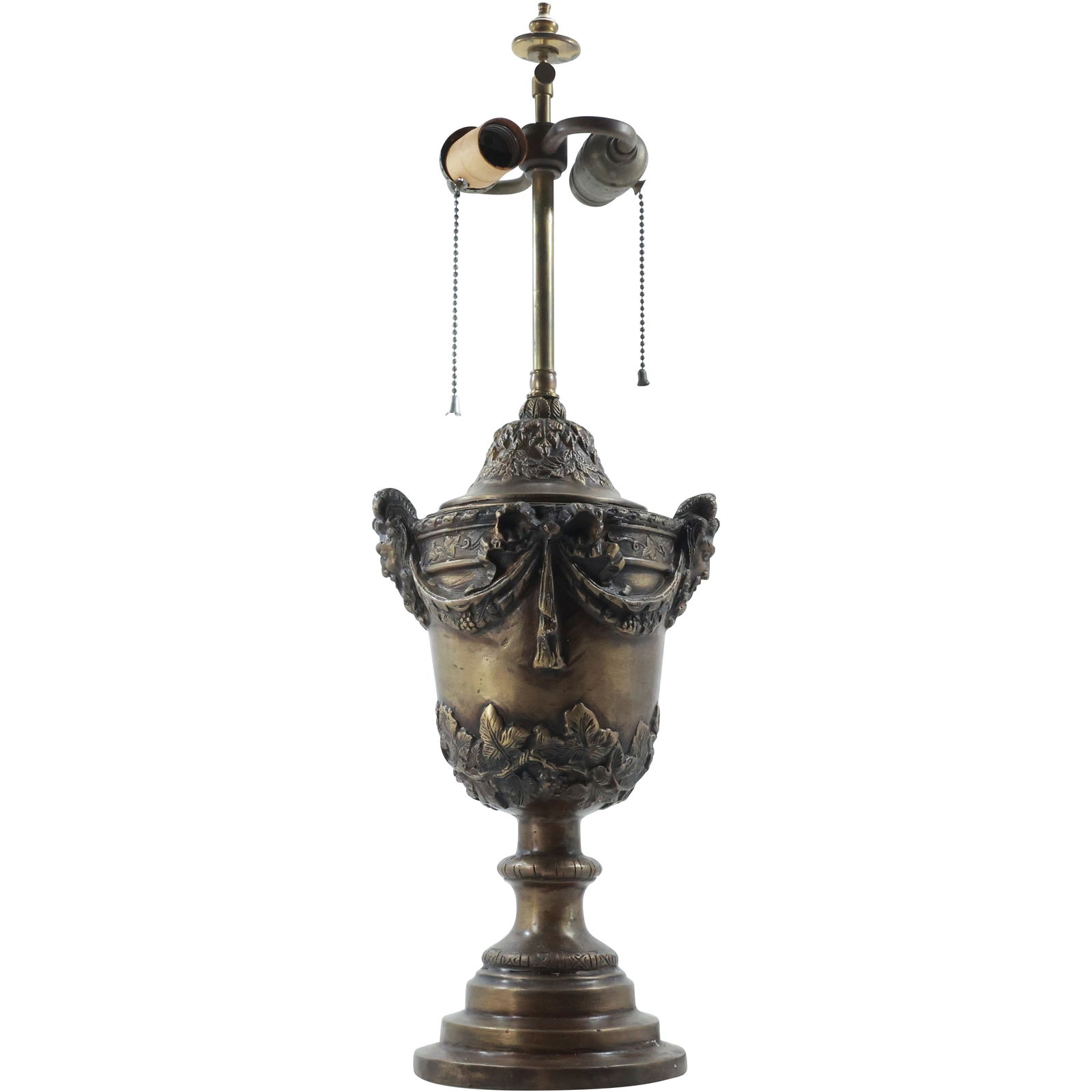 19th C. Bronze French Empire Urn Base Table Lamp with Bacchus Heads Sides - Good Patina (1 of 13)