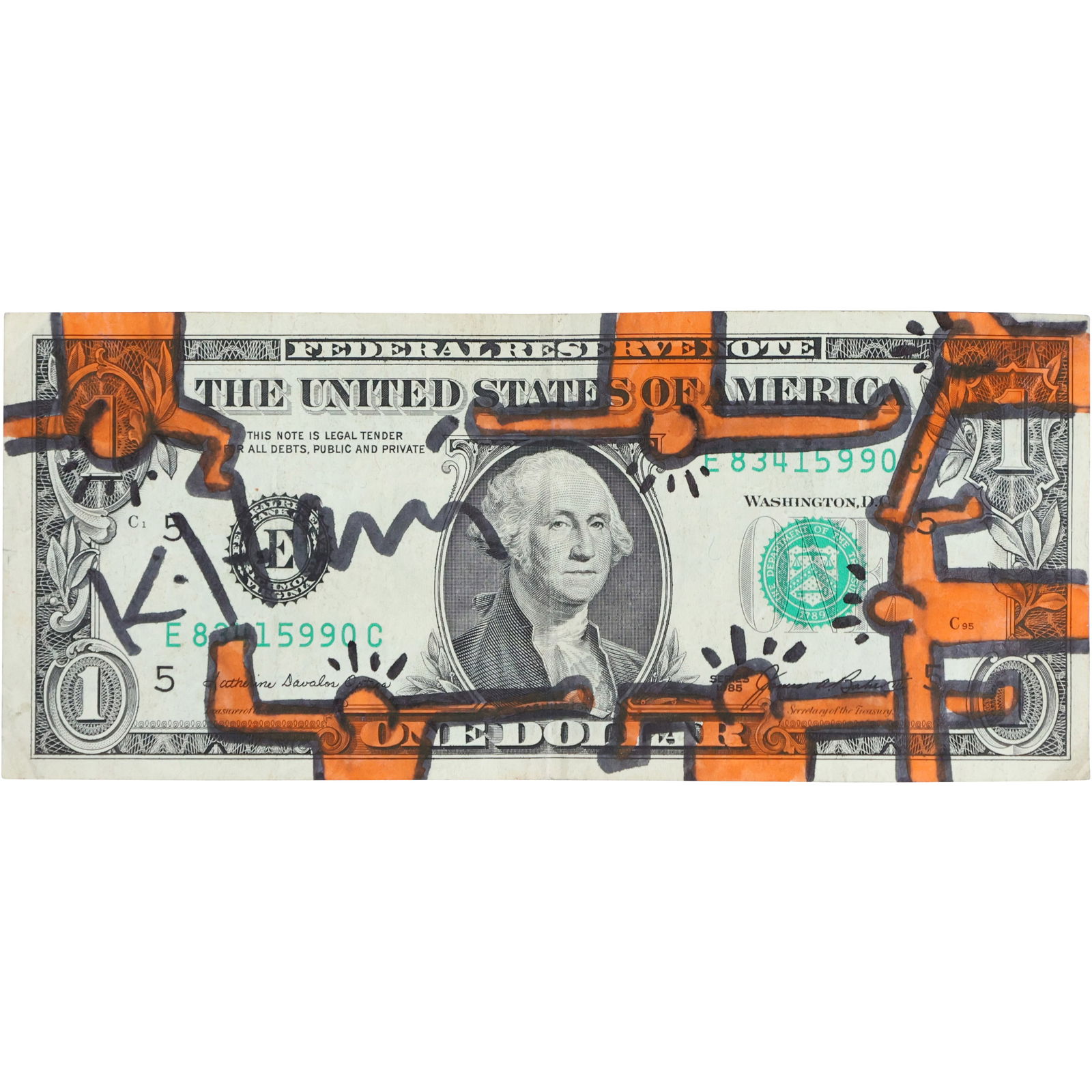 Signed Keith Haring Felt Tip Illustrated Dollar Bill with Orange Figures (1 of 8)