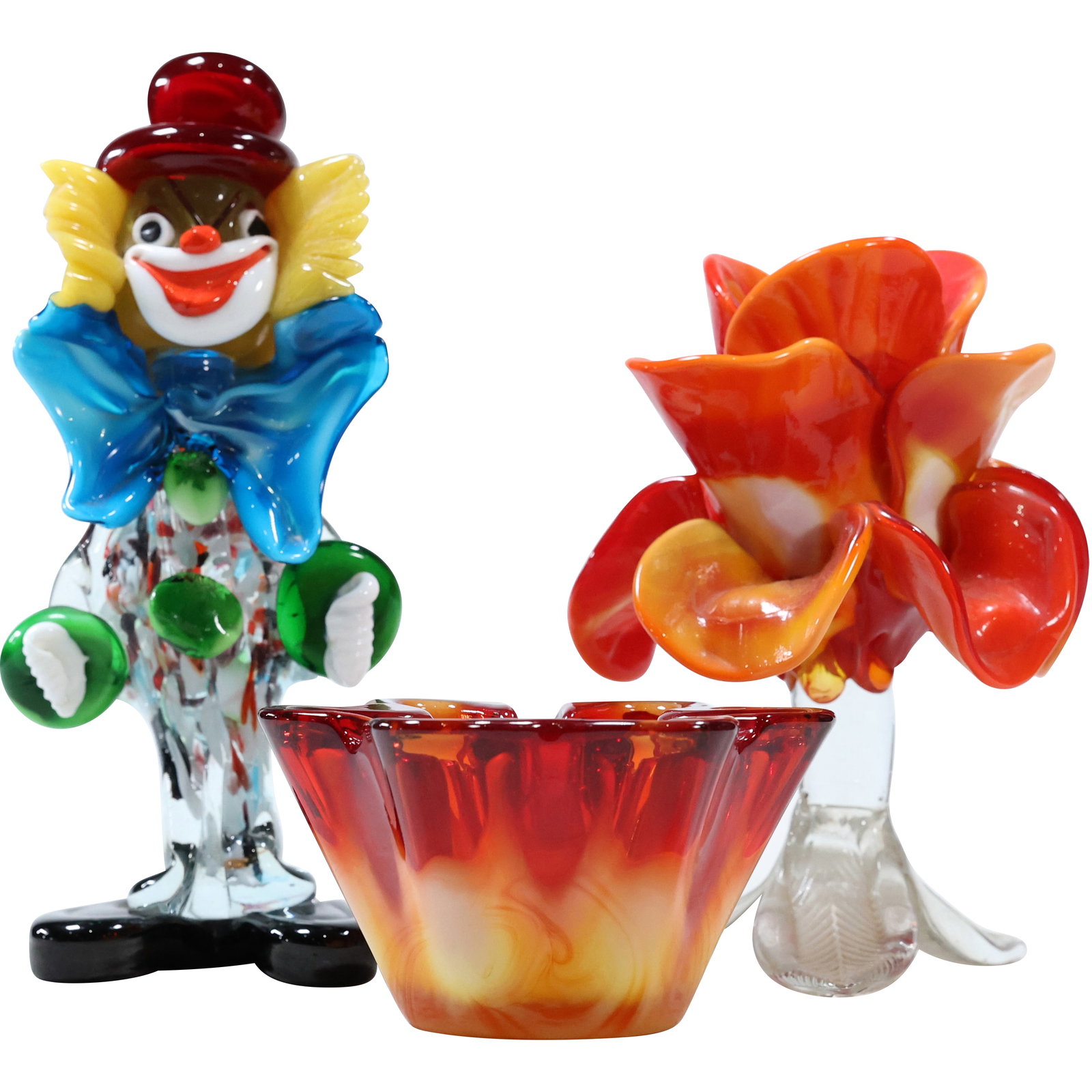 3 Assorted Art Glass Murano Colorful Clown, Flower Form Candle Holder, Small Orange Bowl (1 of 14)