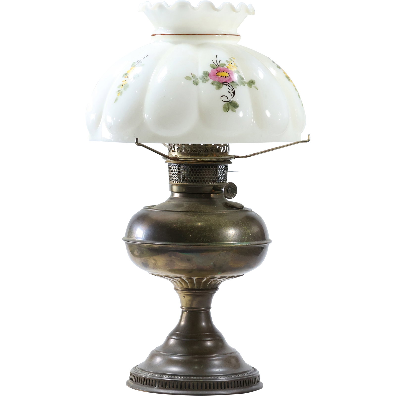Antique Brass Lamp with Milk Glass Decorated Parlor Lamp Shade, Electrified (1 of 13)