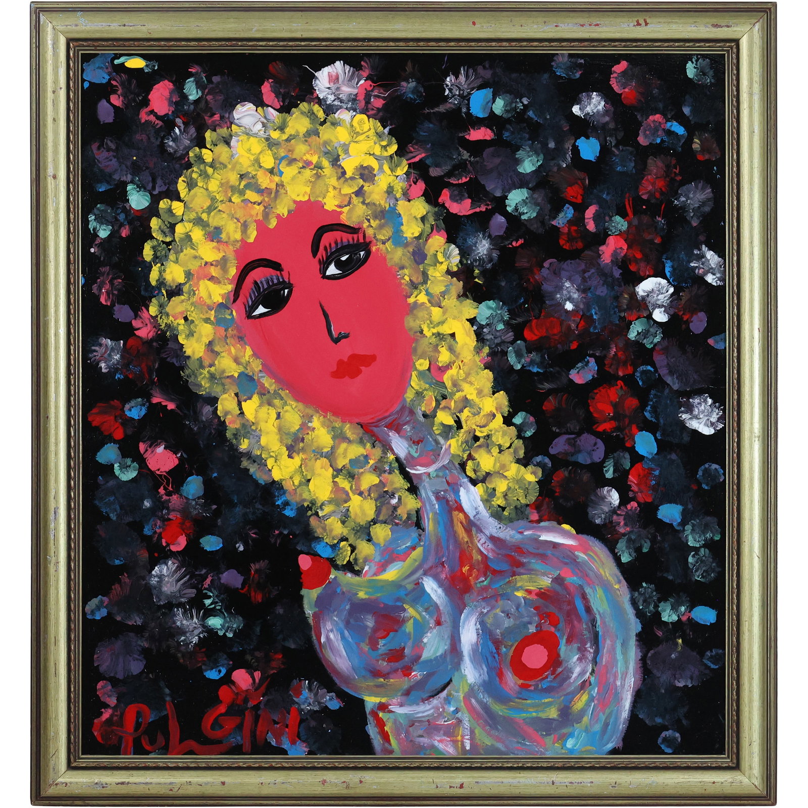 Thomas Pulgini, American, Oil on Board Painting Abstract Blonde Curly Hair Nude Woman: Thomas Pulgini, American, Oil on Board Painting Abstract Blonde Curly Hair Nude Woman. Well Listed American Artist. size: 26 x 24, 29.5 x 27.5 outside frame ASKart: Thomas Pulgini, Born 1965 in Wilmin