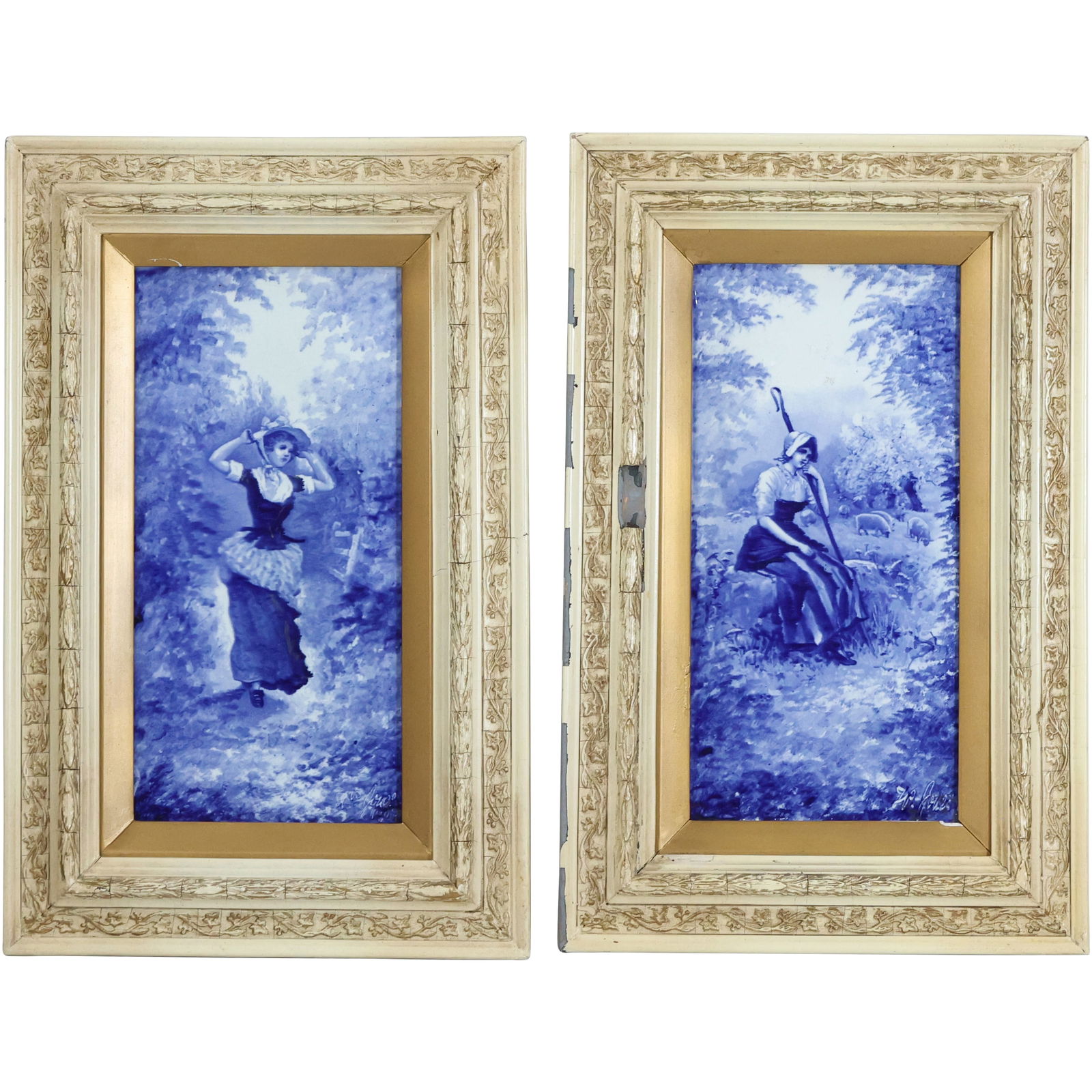 Two Framed 19th Century Limoges Hand Painted Tiles Blue and White Porcelain, Sheep Herder, (1 of 13)