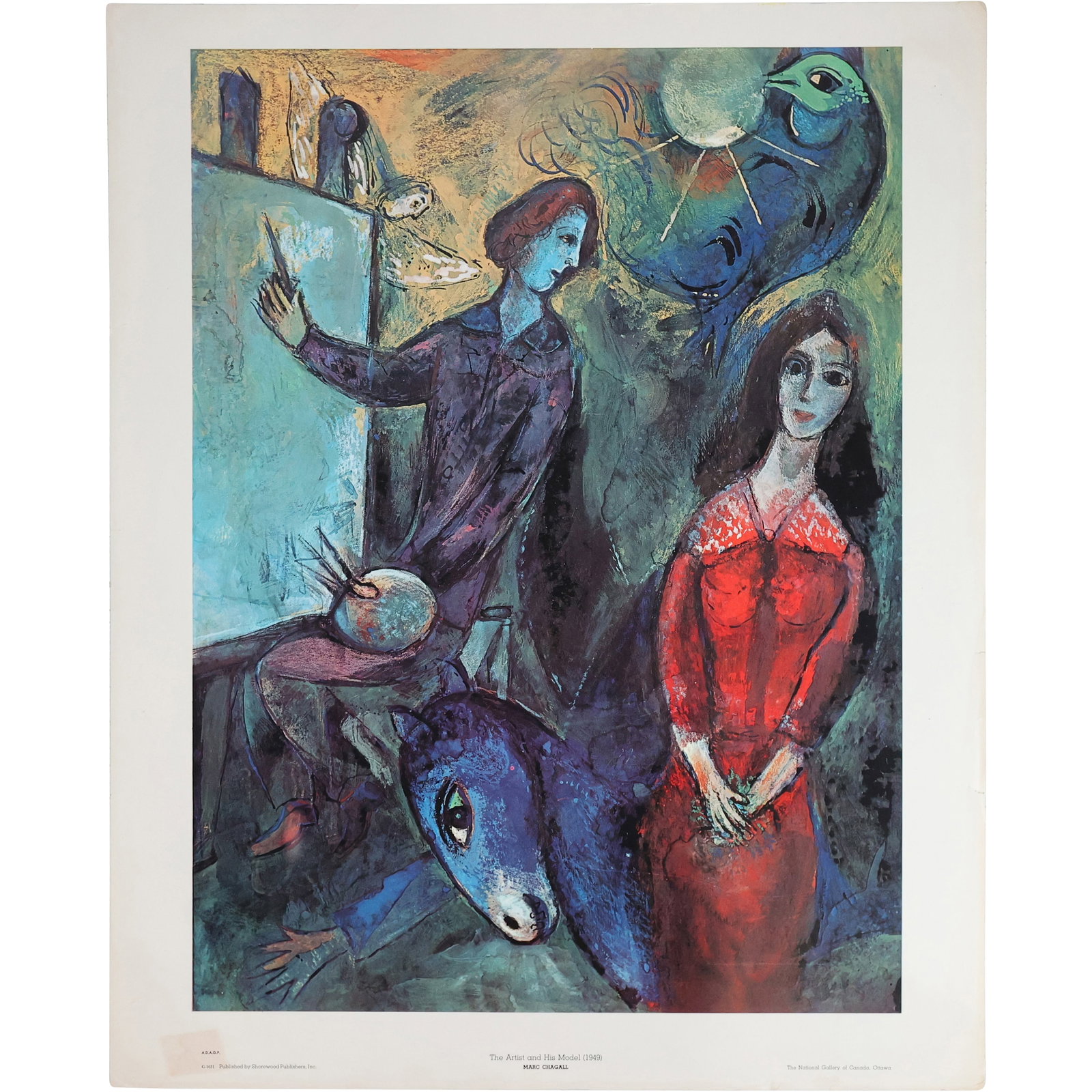 Marc Chagall, Color Lithograph, "The Artist and His Model", Sherwood Publishers 28.5 in. x 22.5 in.: Marc Chagall, Color Lithograph, "The Artist and His Model", Sherwood Publishers 28.5 in. x 22.5 in.; Published by Sherwood Publishers; The National Gallery of Canada, Ottawa. size: 28.5 x 22.5 drawer