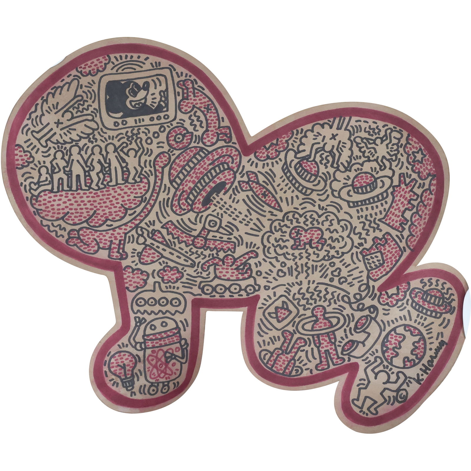 Keith Haring, Pop-Modern Graffiti Felt Tip Artwork on Sculptural Figure Paper 14 in. x 15 in.: Keith Haring, Very Busy Felt Tip Artwork on Sculptural Figure Paper 14 in. x 15 in. size: 14 x 15 shelf C ; ASKart: Keith Haring (1958 - 1990) was active/lived in New York, Pennsylvania. Keith Haring