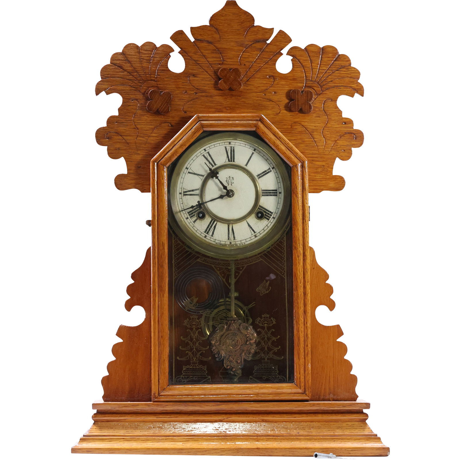 Waterbury Clock Co. Oak Case Gingerbread Kitchen Mantle Clock , Original Pendulum, Key (1 of 15)