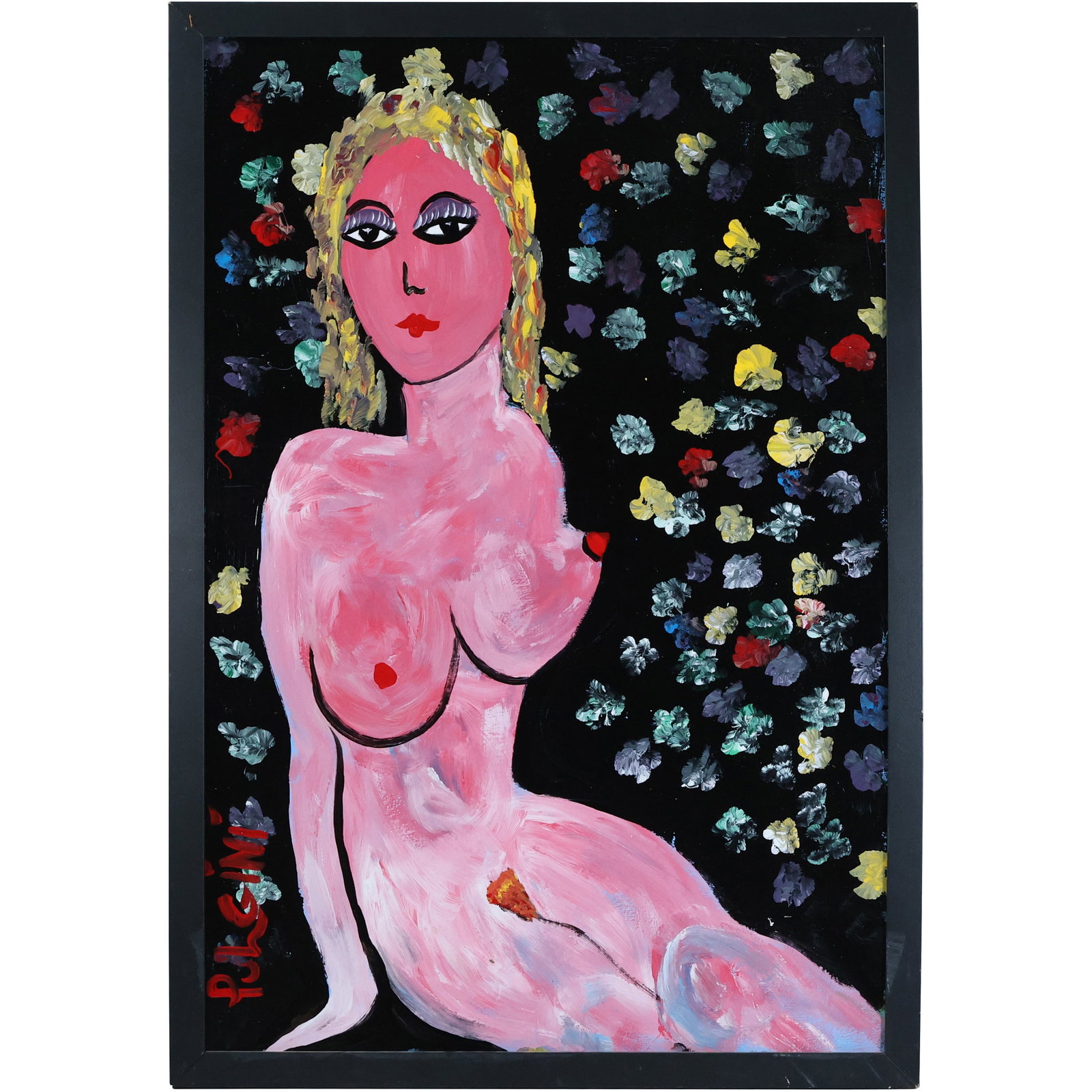Thomas Pulgini, American, Oil on Board Painting Pink Woman Nude Signed Framed: Thomas Pulgini, American, Oil on Board Painting Pink Woman Nude Signed Framed. Well listed American artist. size: 36 x 24, 38.25 x 26.25 outside frame. ASKart: Thomas Pulgini, Born 1965 in Wilmington