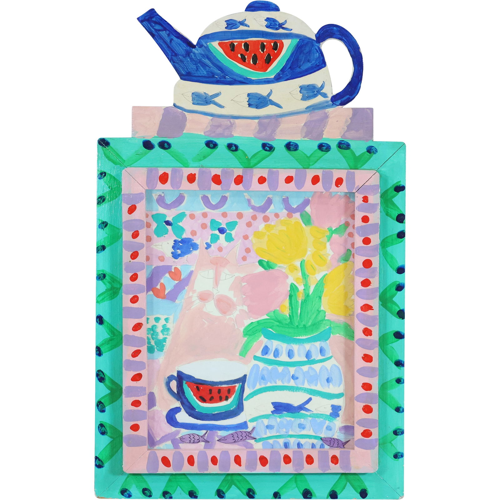 Folk Art Hand Painted Wood Plaque with Teapot Top Crest; Still Life, Flowers, Fish (1 of 12)