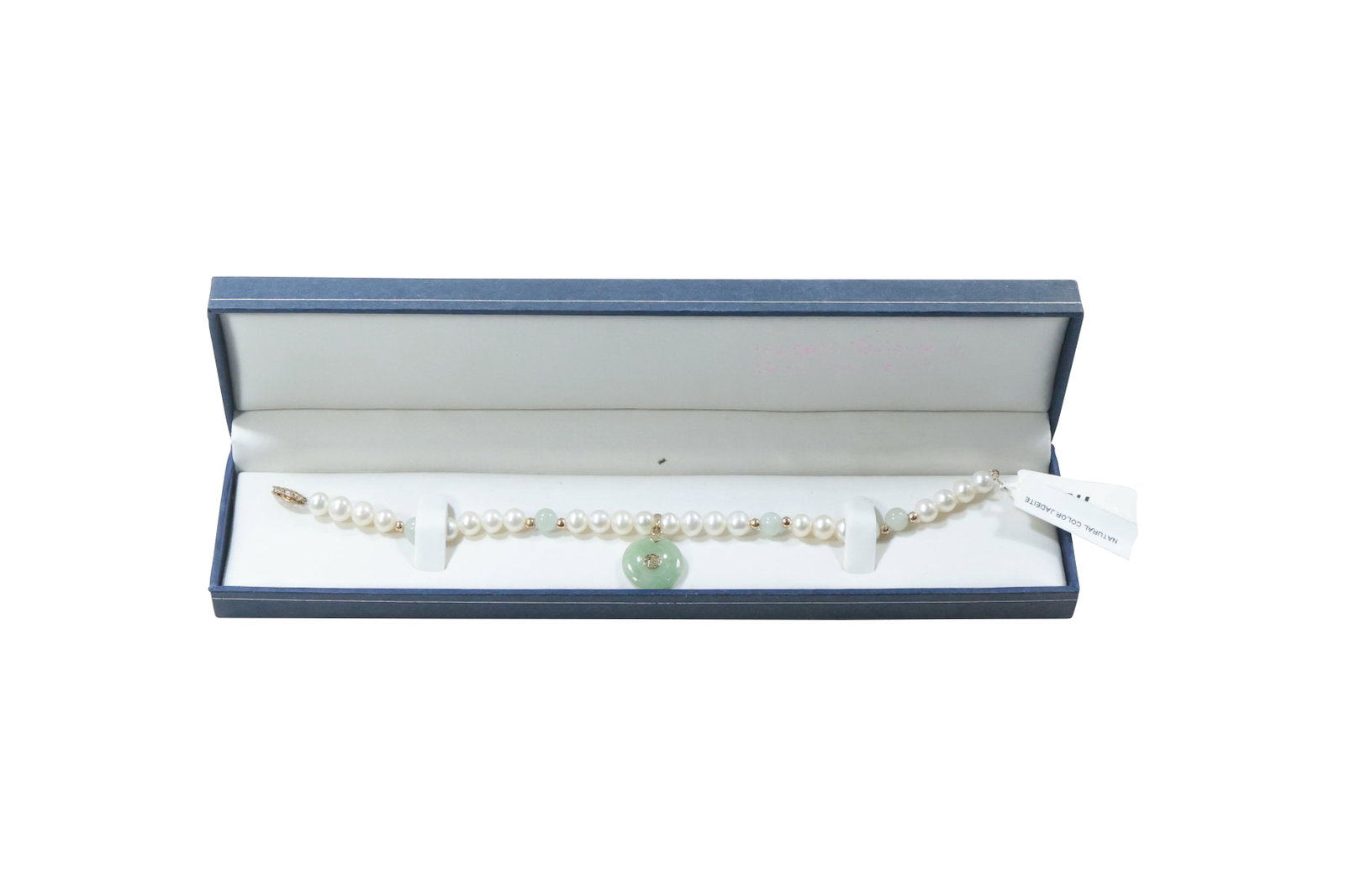 10K Gold Freshwater Cultured Pearls and Jaderite Pendant Bracelet 7 1/2 in. x 1 in. x 5/8 in.: 10K Gold Freshwater Cultured Pearls and Jaderite Pendant Bracelet 7 1/2 in. x 1 in. x 5/8 in.