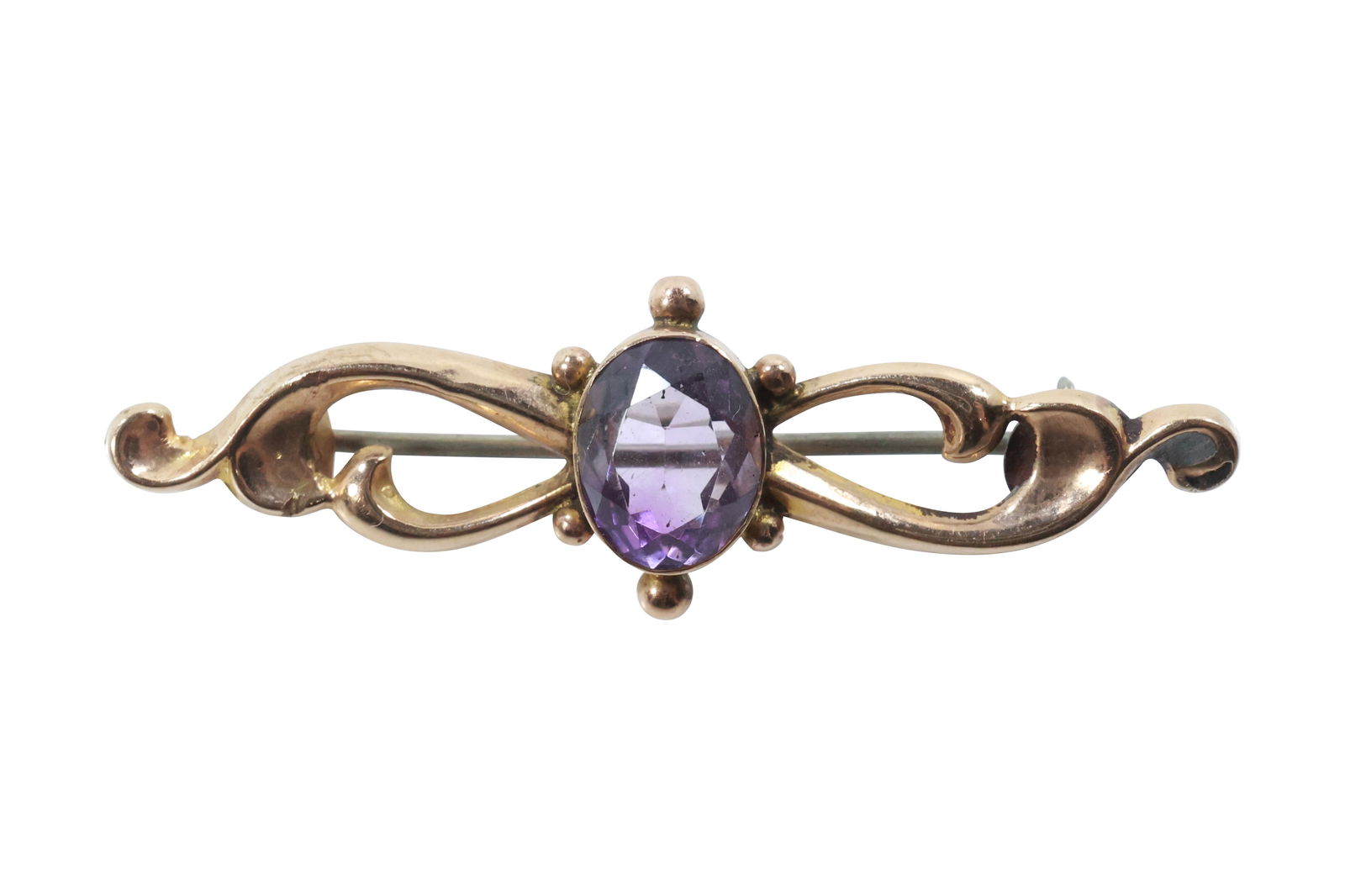 9 K Gold C Co. Victorian with Amethyst Pin weighs 1.3 dwt, size 2 7/8 in. x 5/8 in. (1 of 11)