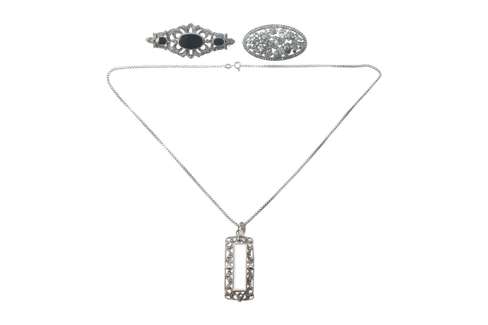 Mother-of-Pearl with Marcasites Pendant; Sterling Marcasites Pin, Sterling Black Onyx Marcasites Pin (1 of 20)