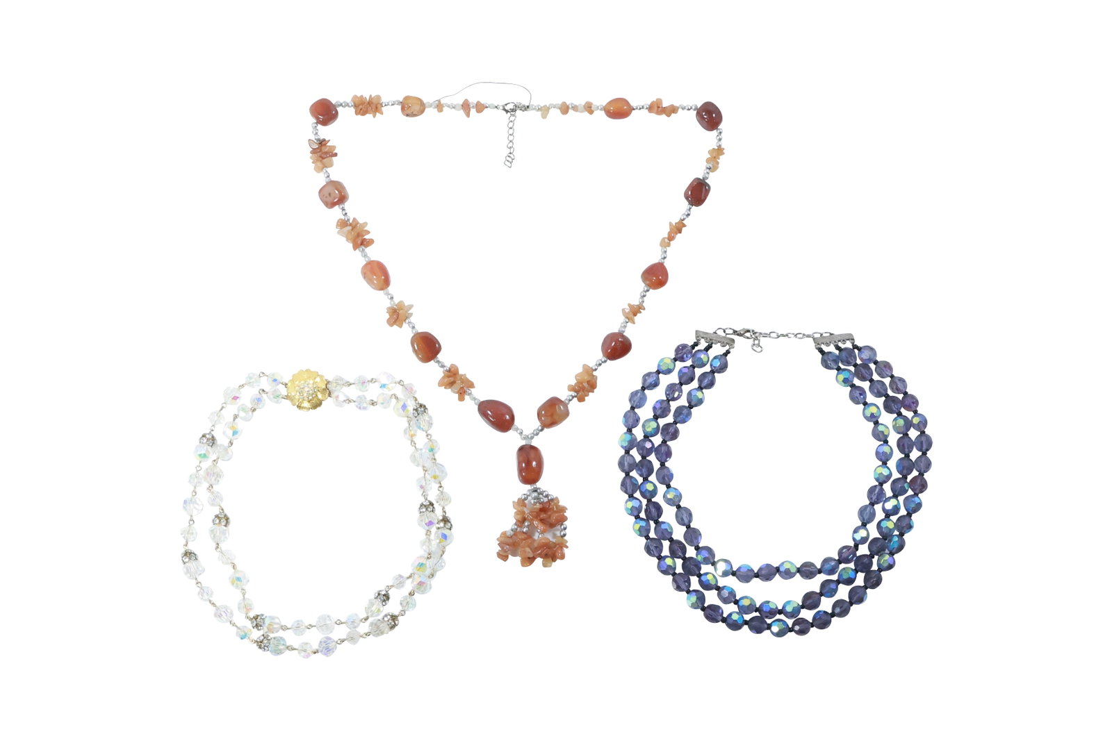2-Strand Clear Opalescent Glass Bead Necklace; 3-Strand Purple Opalescent Glass Bead Necklace;: 2-Strand Clear Opalescent Glass Bead Necklace 14 in. x 1 in. ; 3-Strand Purple Opalescent Glass Bead Necklace 14 in. x 1 in. ; Carnelian Bead Tassel Necklace 12 in. x 3 in. x 1 1/2 in.