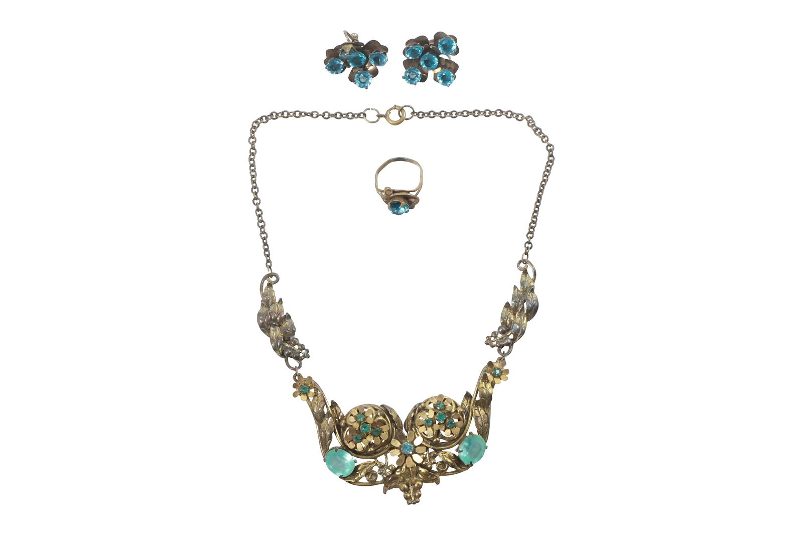 circa 1920s 4-pc. Sterling Silver with Blue Stones Set Necklace, Earrings, Ring in Box (1 of 20)