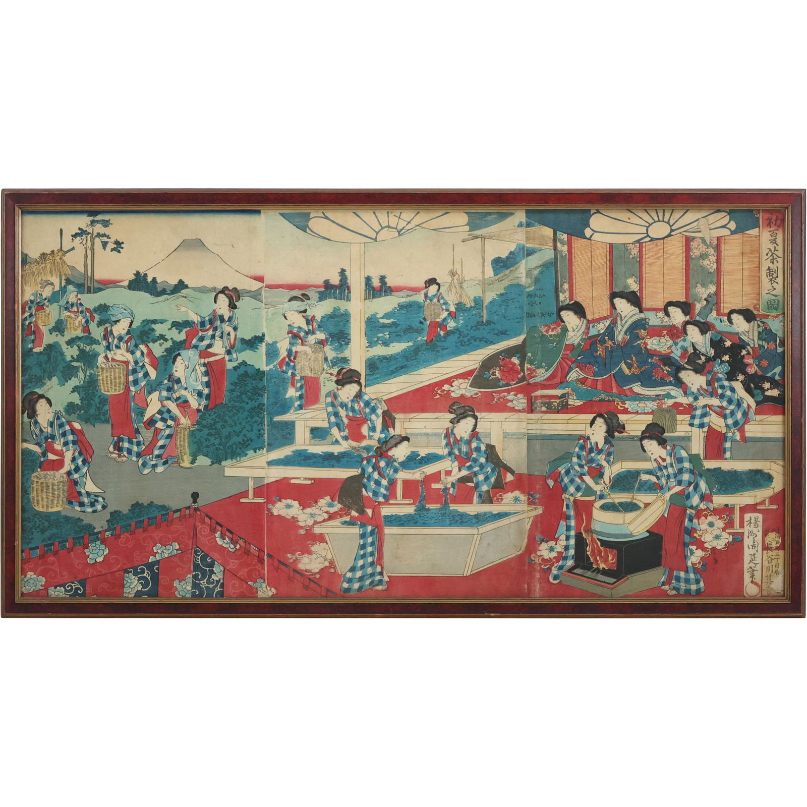 Antique Triptych Japanese Woodblock, Meiji Era, Emperor & Empress in Peony Garden Toyohara Chikanobu (1 of 16)