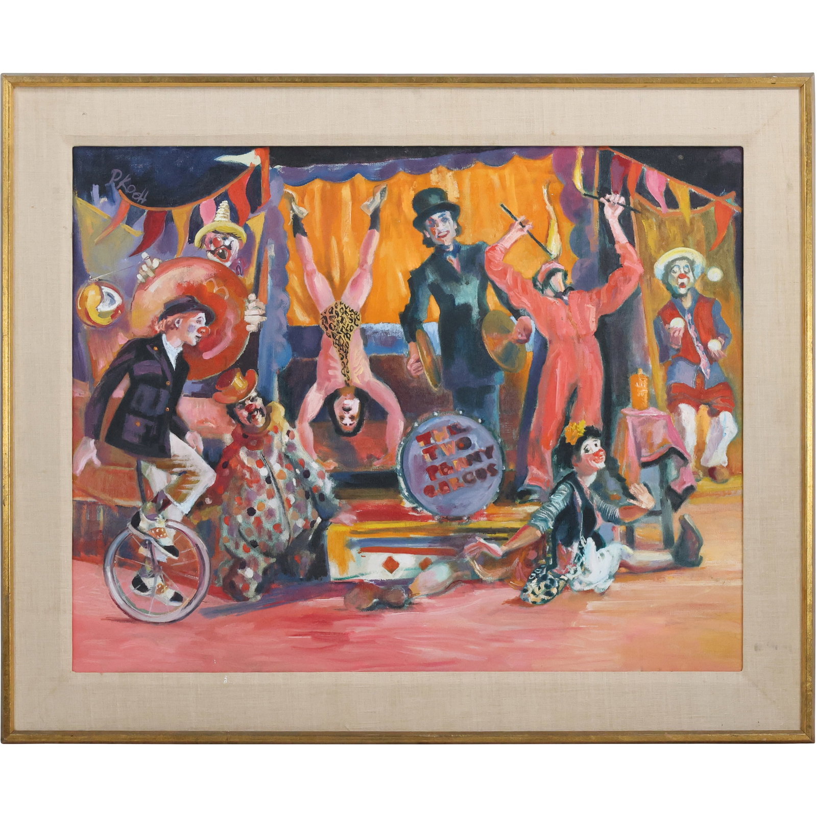 Signed P Koch, Vintage Oil on Canvas Painting, "The Two Penny Circus", Framed (1 of 15)