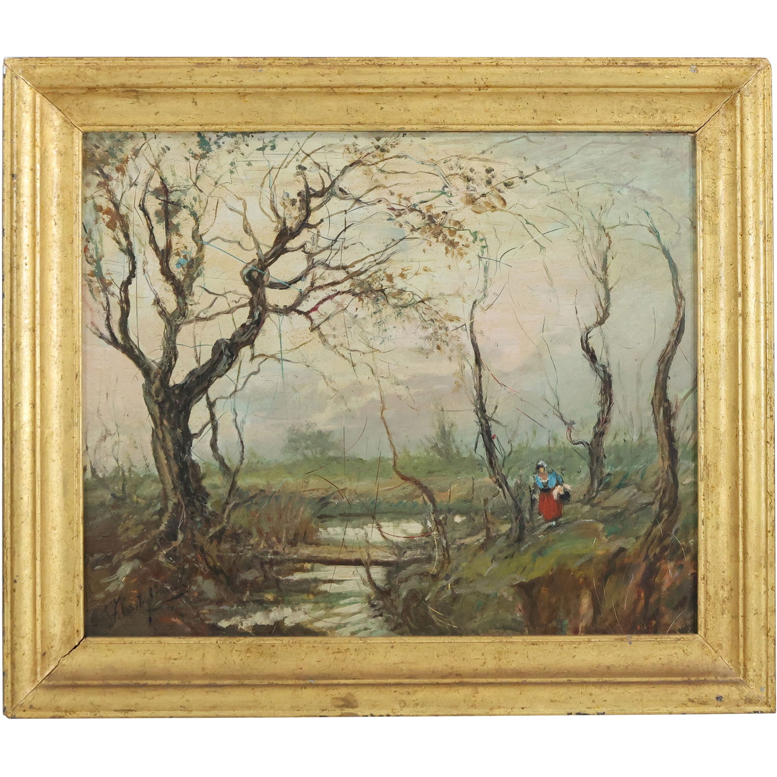 Artist Signed, Vintage Oil on Board Painting Landscape with Stream and Figure (1 of 12)