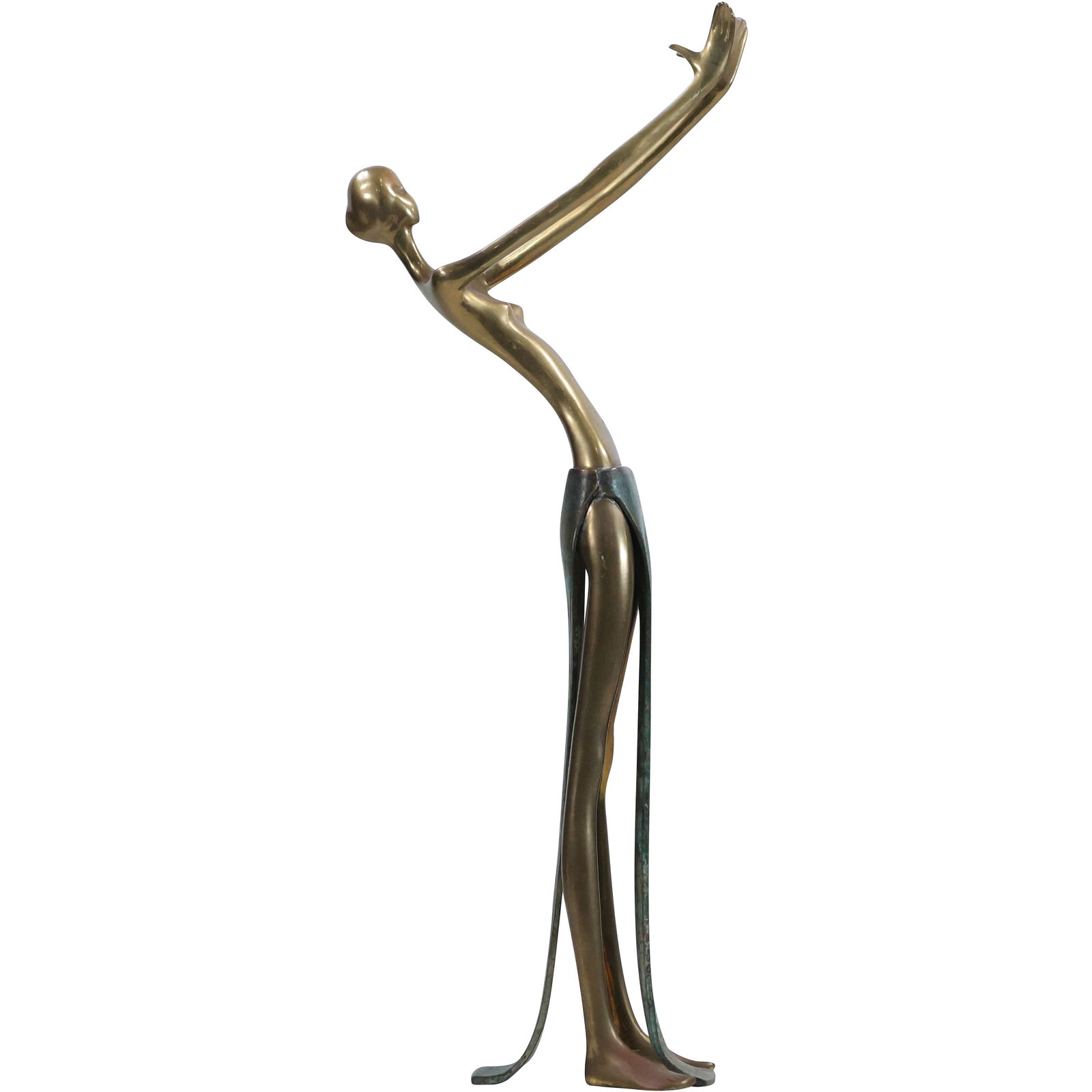 Tall Brass Art Deco Woman Sculpture with Hands Raised 24 inches height, Original Patina (1 of 14)