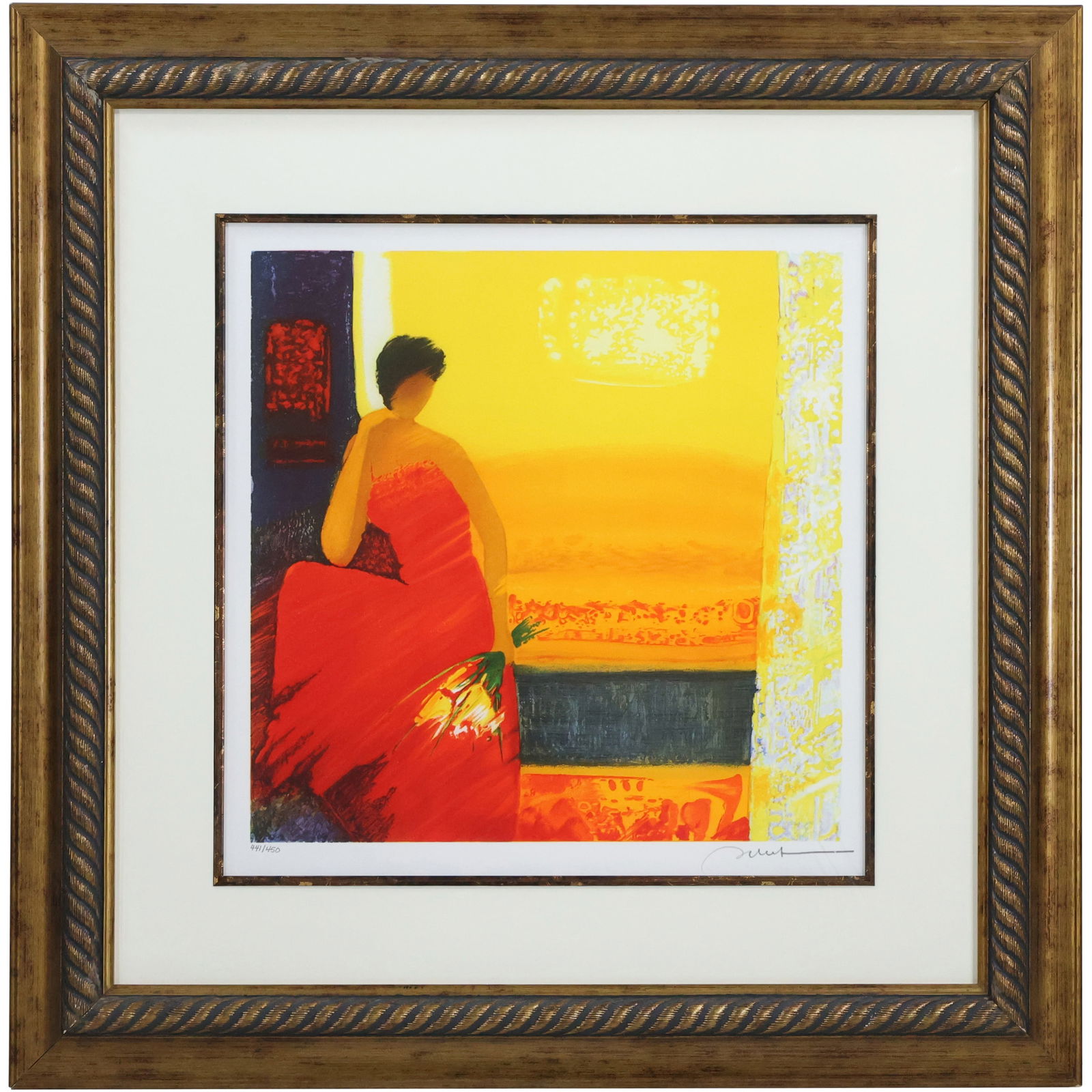 Bellet Emile, Signed Serio-lithograph, Woman Holding Bouquet , Framed (1 of 12)