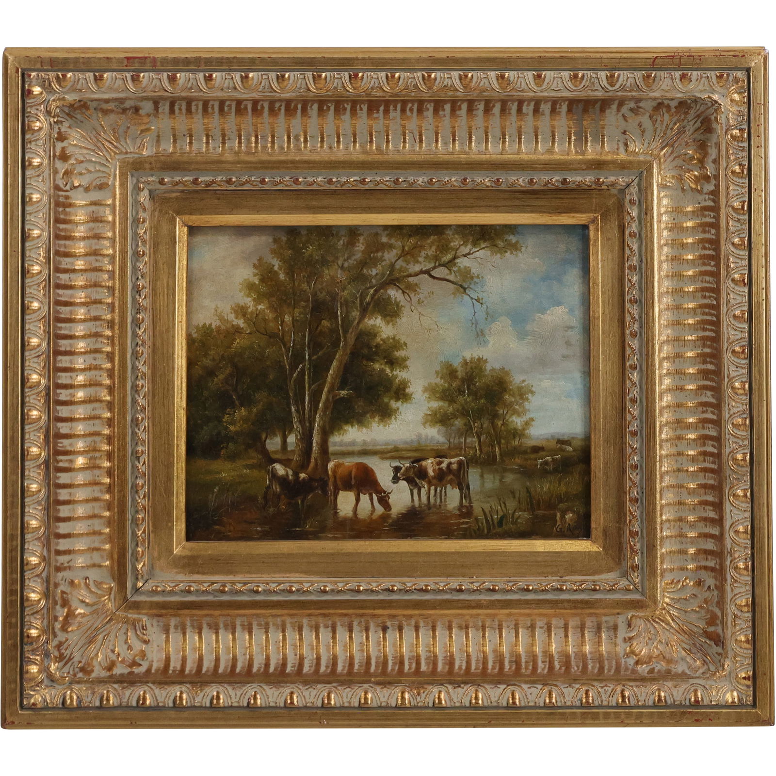 Signed G Rose, Fine 20th C. Oil on Wood Panel Painting, Landscape Cows Watering (1 of 12)
