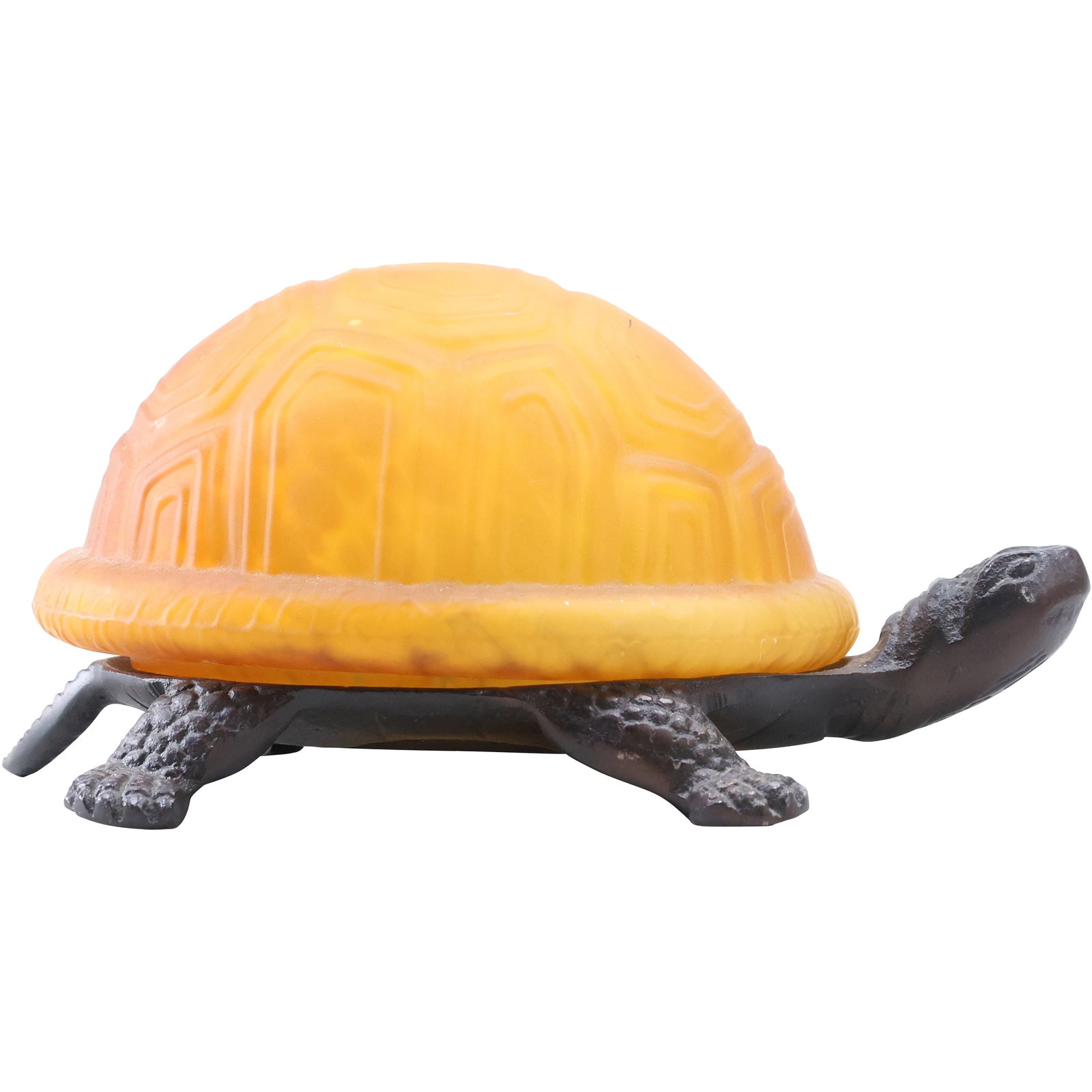 Novelty TURTLE Lamp, Cast Metal Body with Amber Glass Shell Back, Wiring all good: Novelty TURTLE Lamp, Cast Metal Body with Amber Glass Shell Back, Wiring all good. size: 4 in. x 8 in. x 6 in. shelf D
