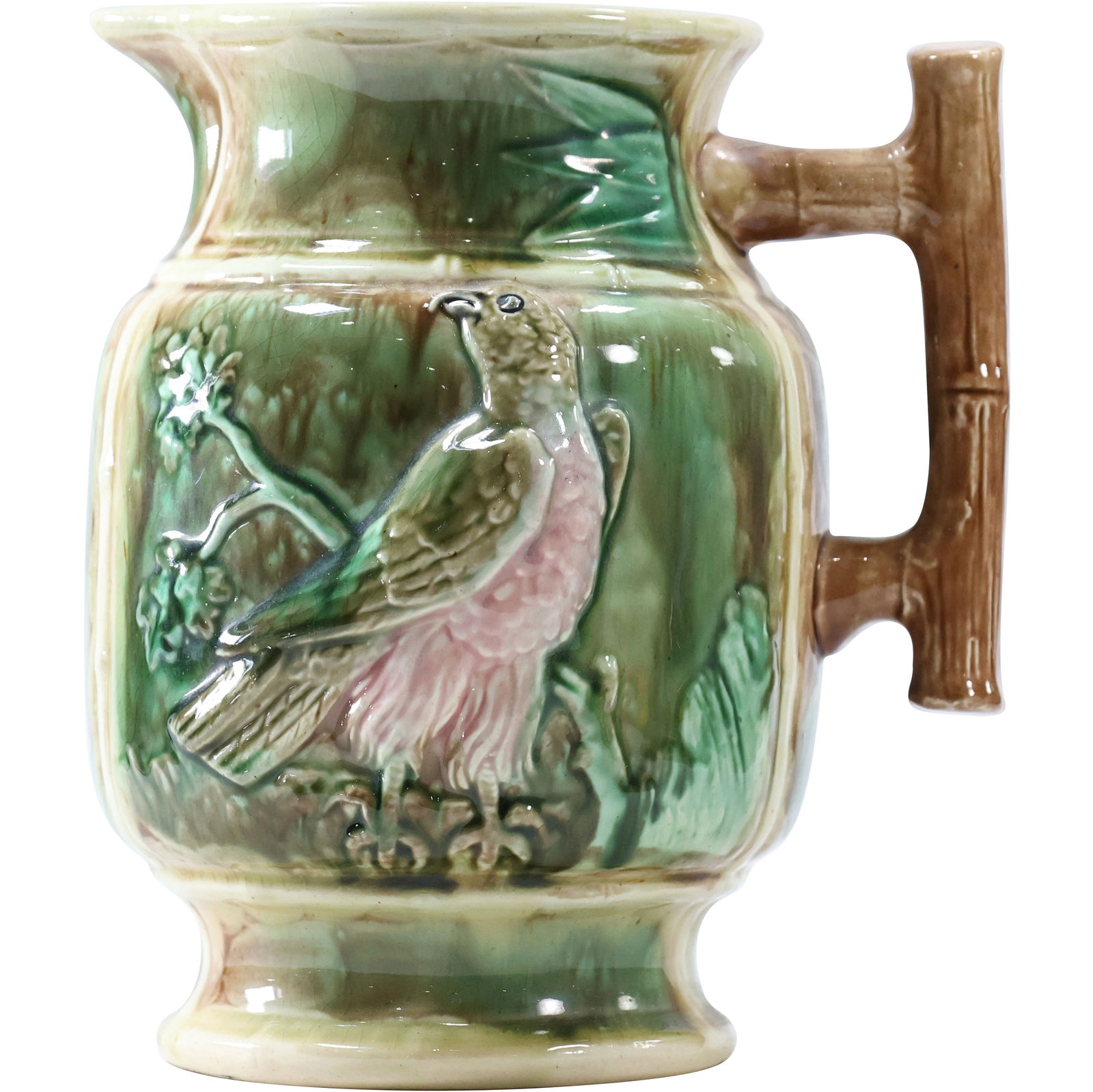 19th C. Majolica Pottery Jug / Pitcher with English Hawk, 9 in. height x 8 in. wide x 6.5 in. (1 of 11)
