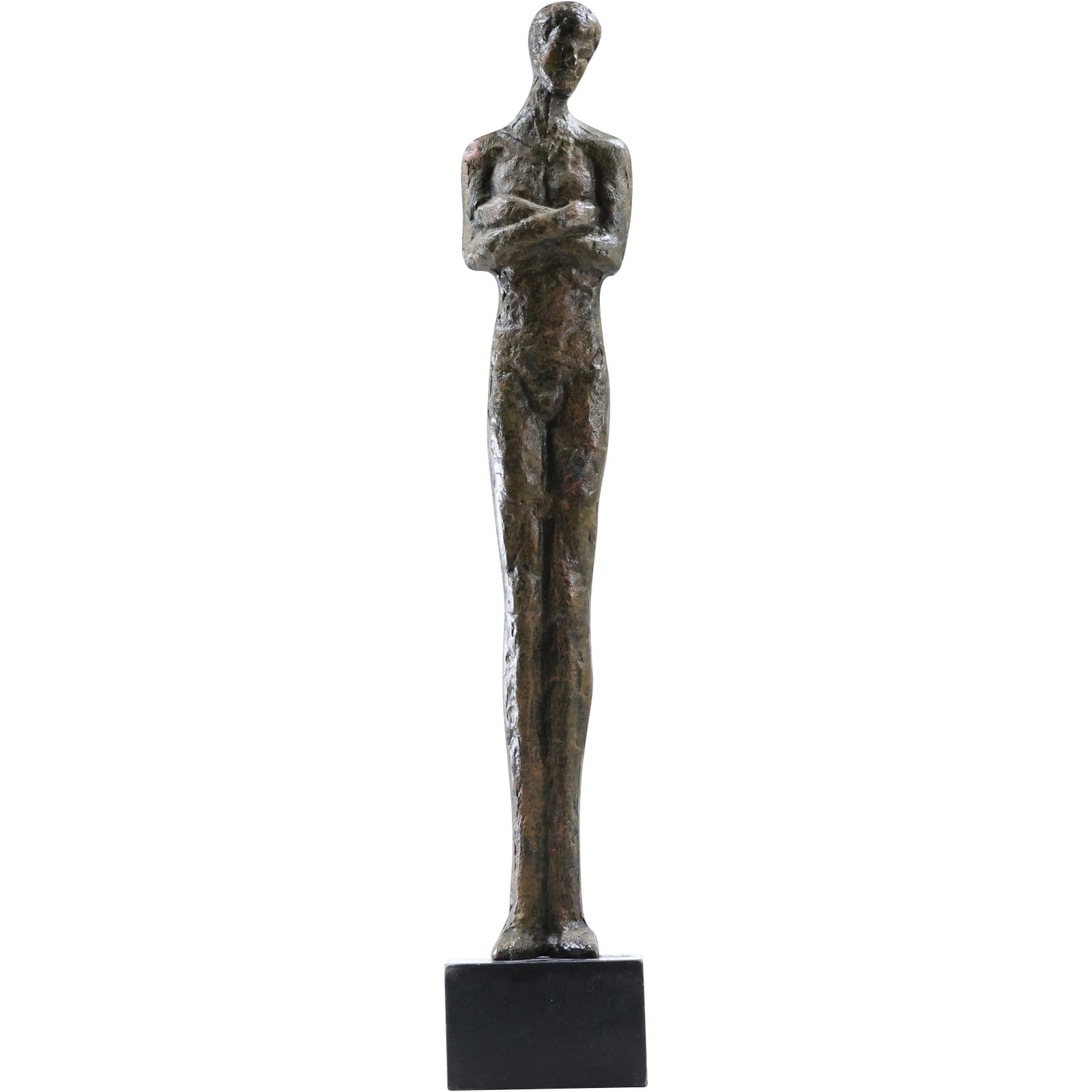 Mid-Century Modern Tall Bronze Sculpture of a Man with Crossed Arms 21.5 inches height: Mid-Century Modern Tall Bronze Sculpture of a Man with Crossed Arms 21.5 inches height. size: 21.5 x 3.75 x 3.75 shelf D