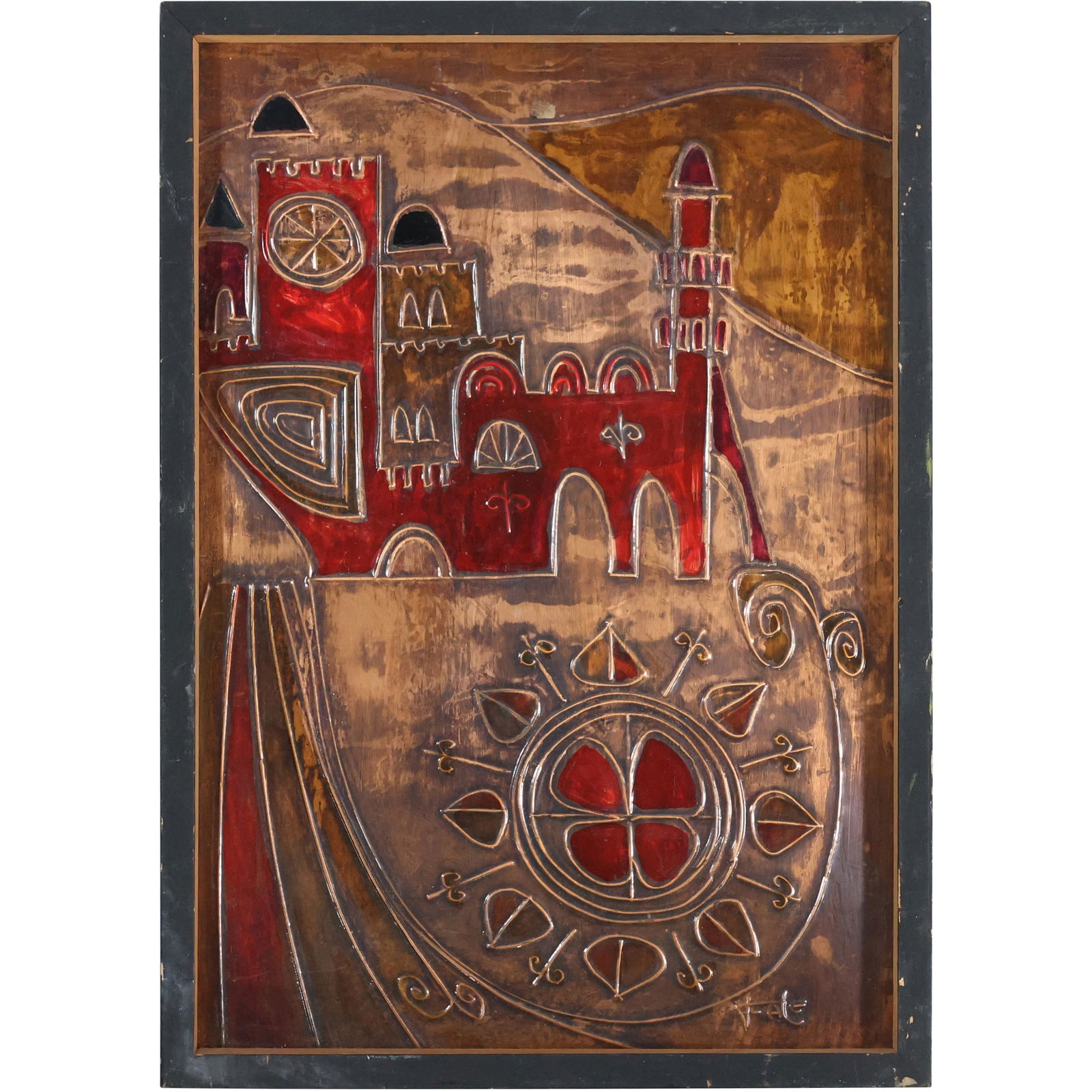 Signed Veale, Abstract Copper Framed Plaque Jerusalem Cityscape , Israel (1 of 13)