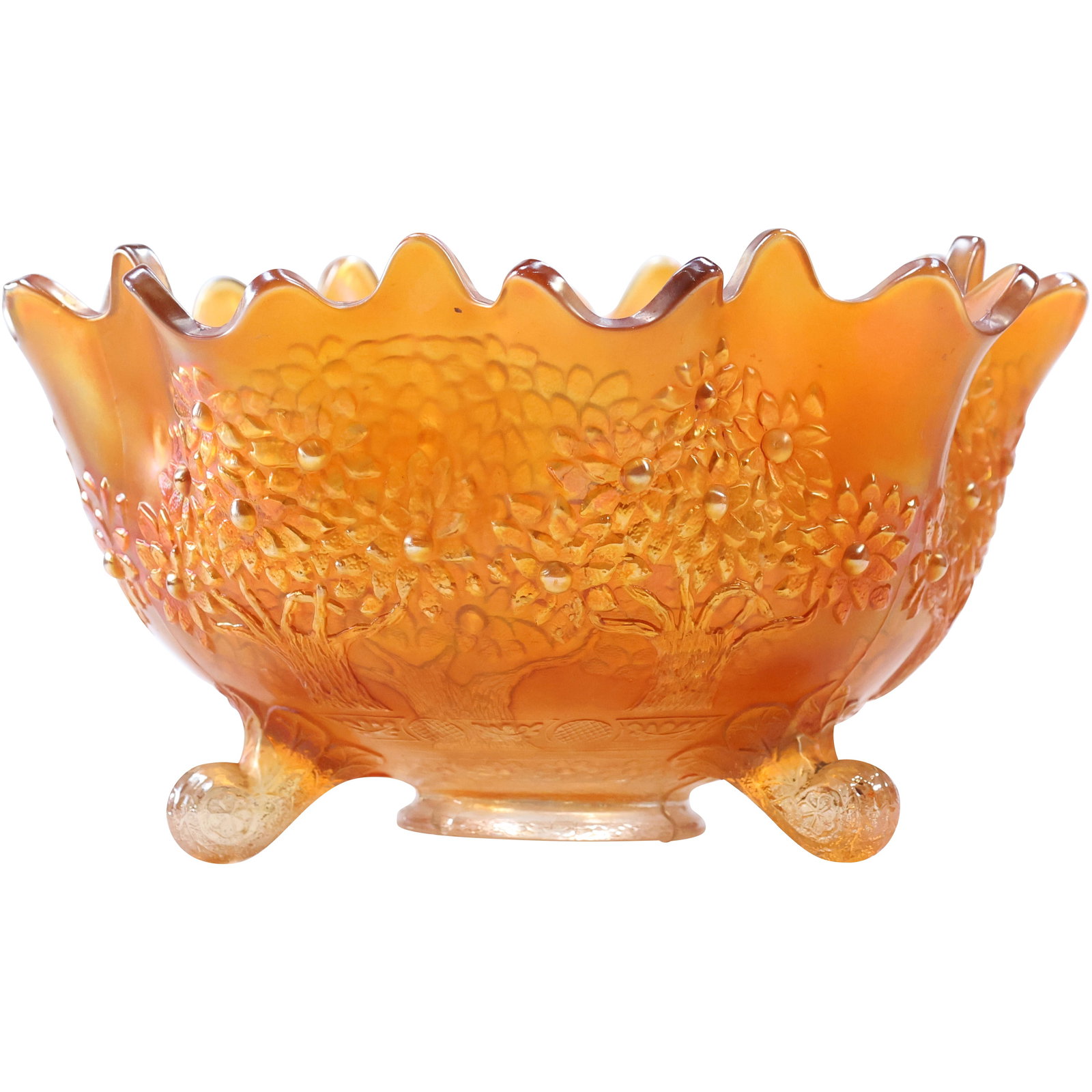 Fenton iridescent Carnival Glass bowl, design Orange Tree, raised texture pattern, scalloped top: Fenton iridescent Carnival Glass bowl, design Orange Tree, raised texture pattern, scalloped top edge, 3 footed bowl size: 5.5 x 10 shelf E